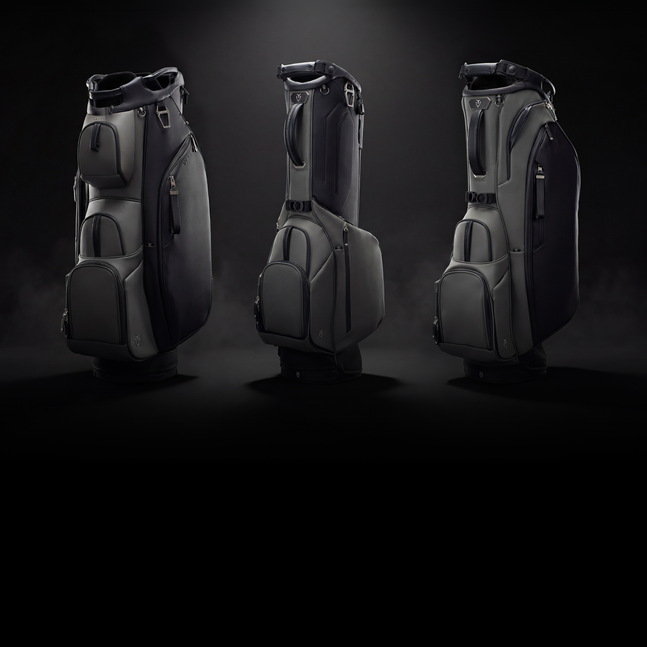 Three phantom colorway golf bags against a dark background