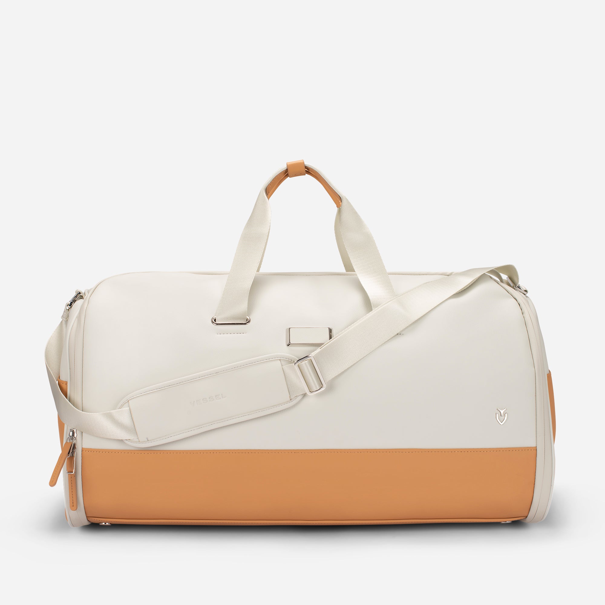 Latte Signature Garment Duffel with strap attached