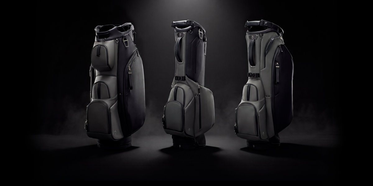 Three golf bags in the phantom colorway on a dark background