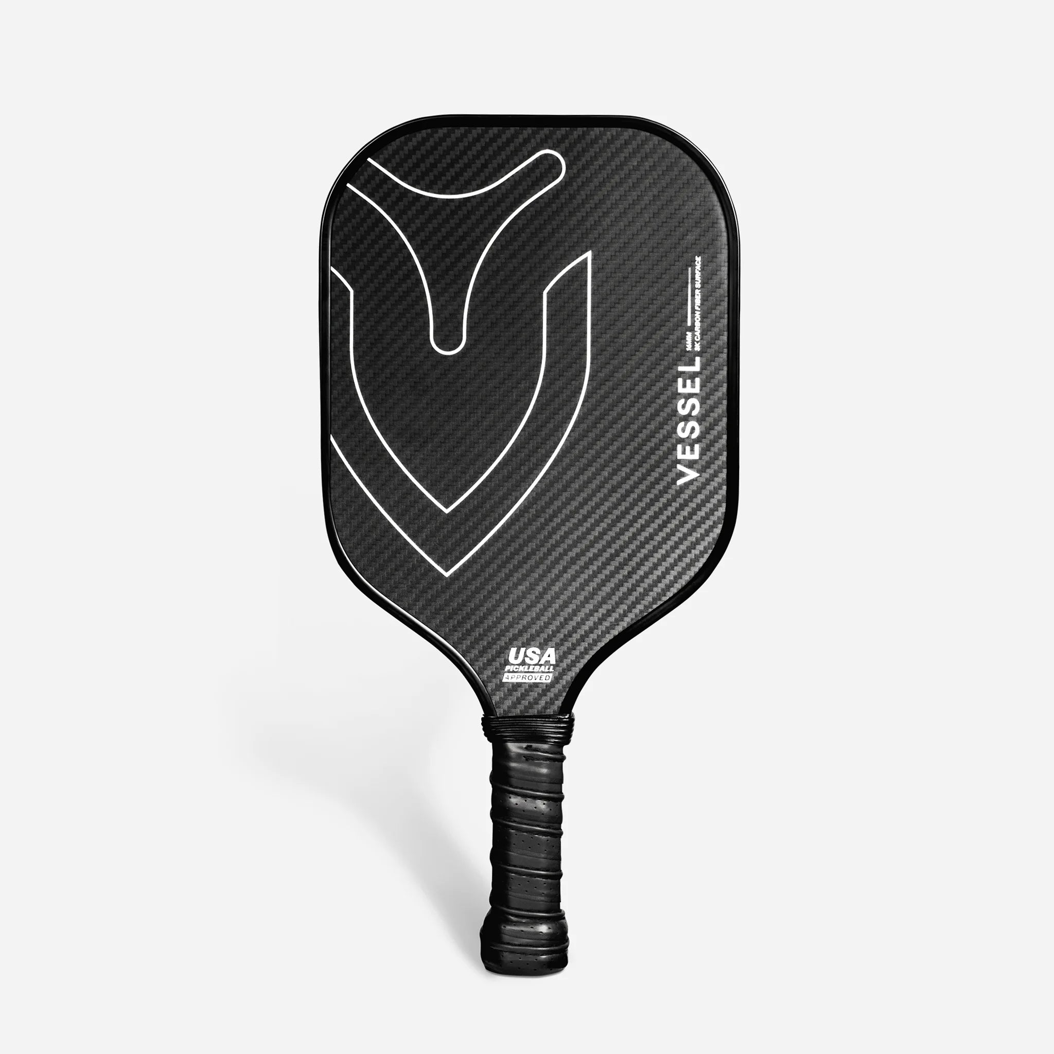 Black carbon fiber pickleball paddle with Vessel branding on the face