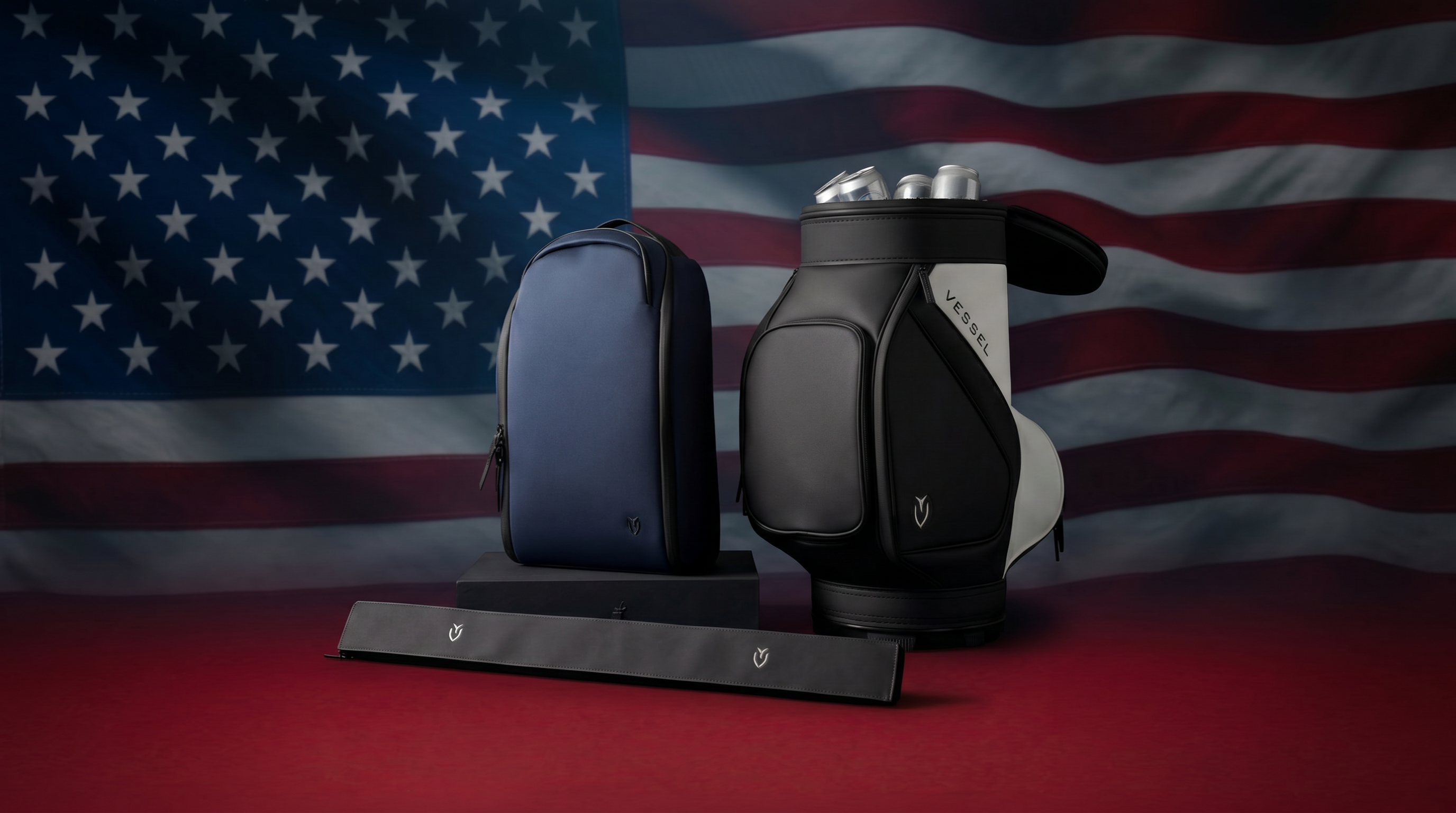 Vessel golf accessories against an american flag
