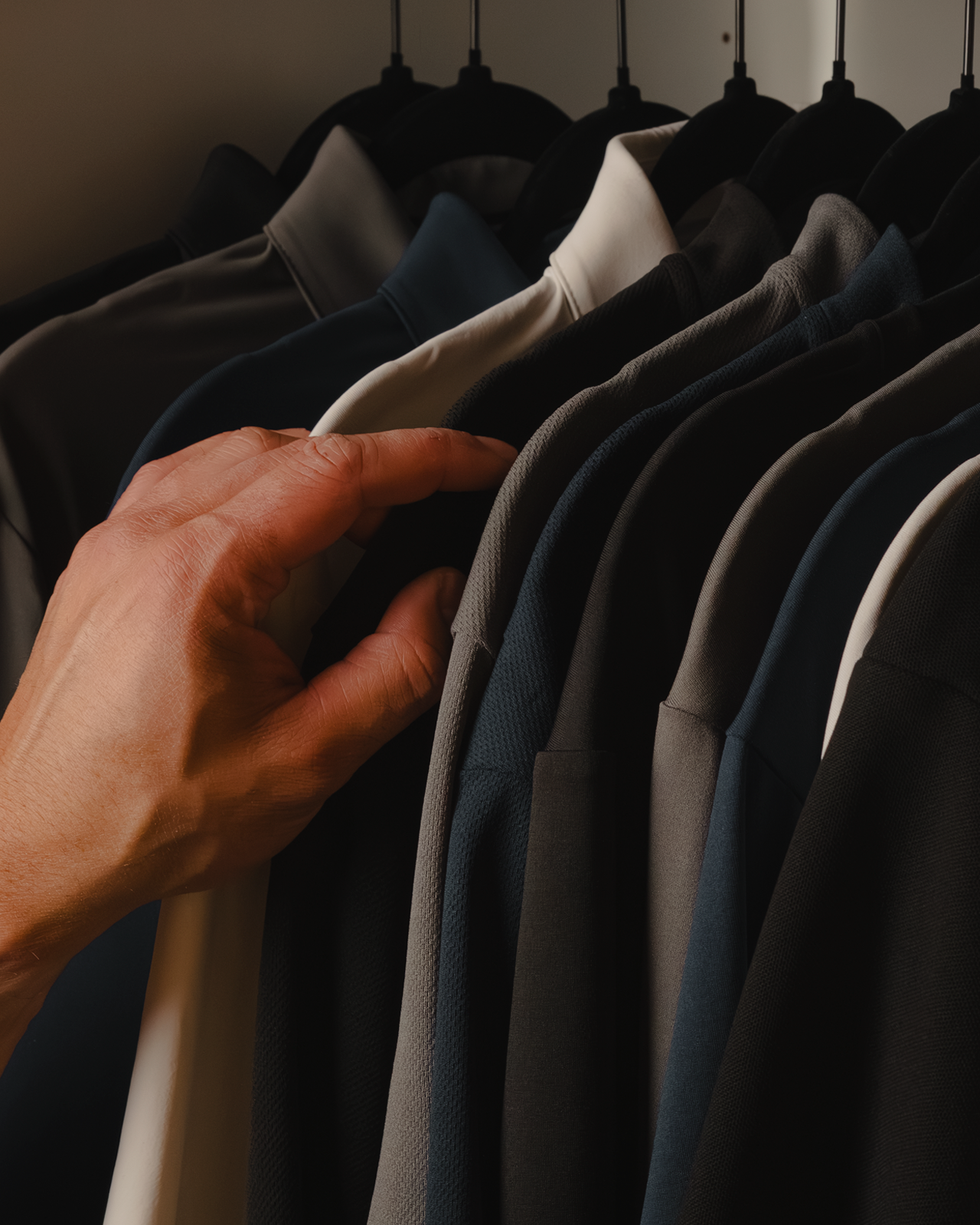 close up of man in closet with VESSEL apparel polos