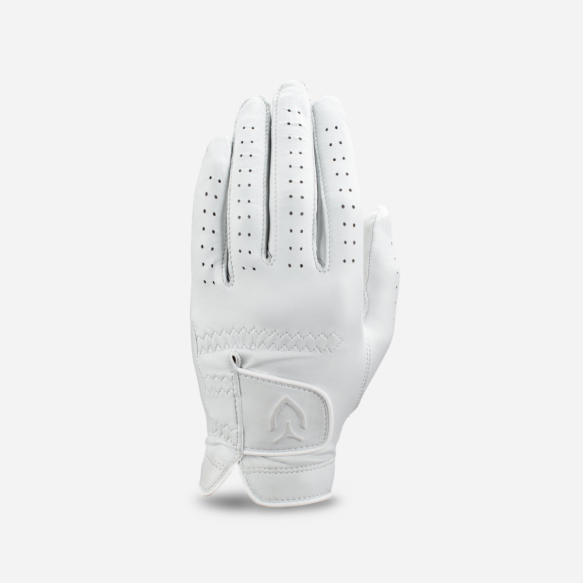 Left handed white VESSEL Lux Golf Glove against a white background #hand_left
