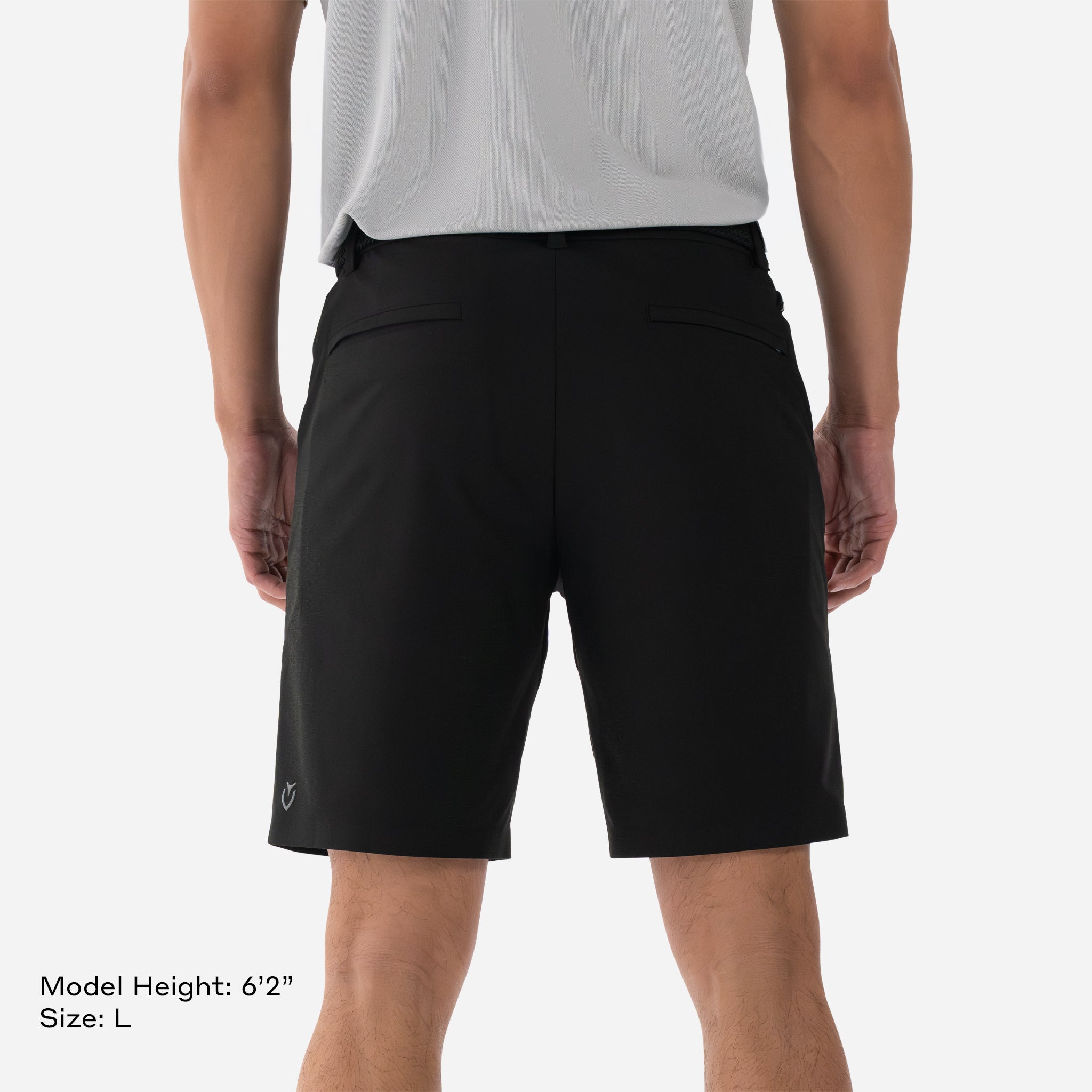 Model Height 6'2" Size L Black 5 pocket short backside