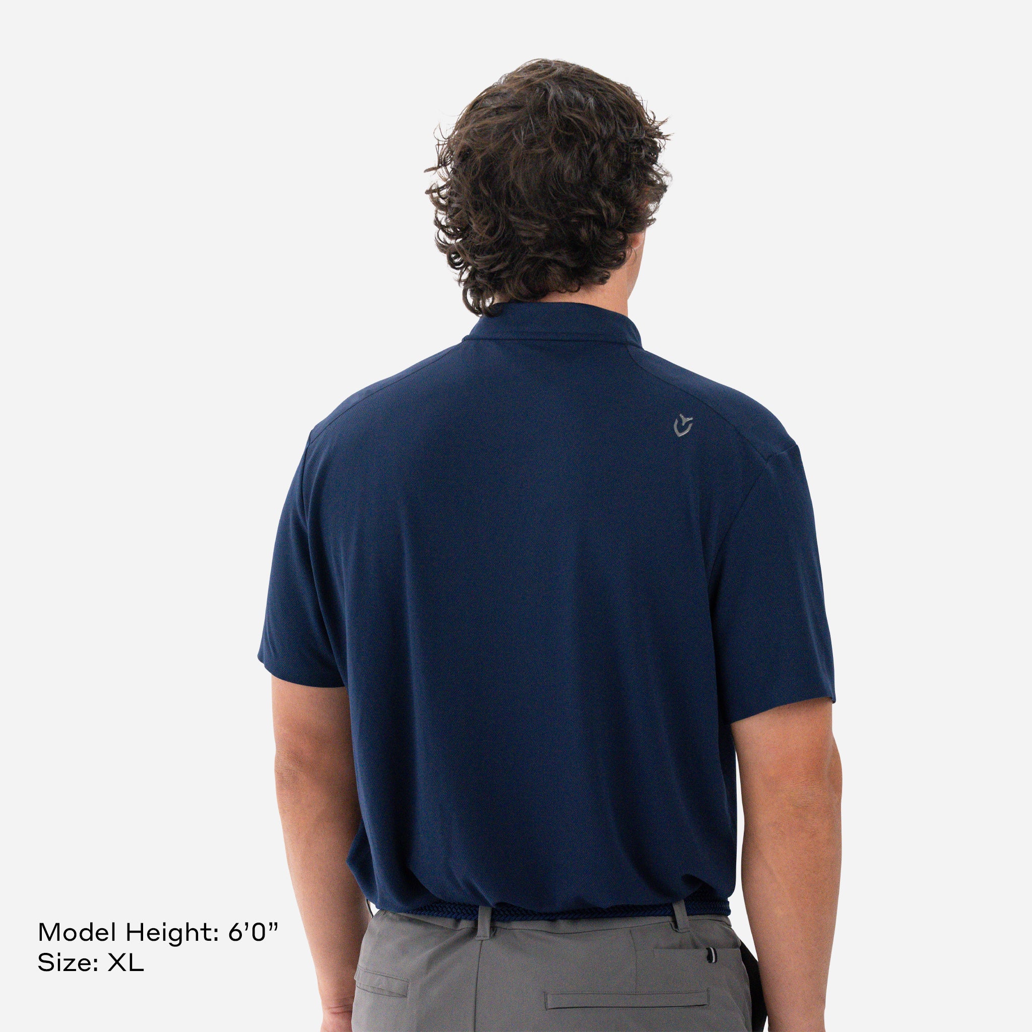 Model is 6'0" and wearing size XL Performance Blade Collar Polo Navy backside