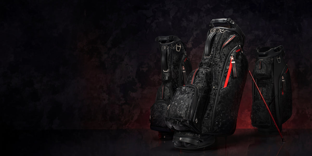 Three camo black leather golf bags on a red gradient background