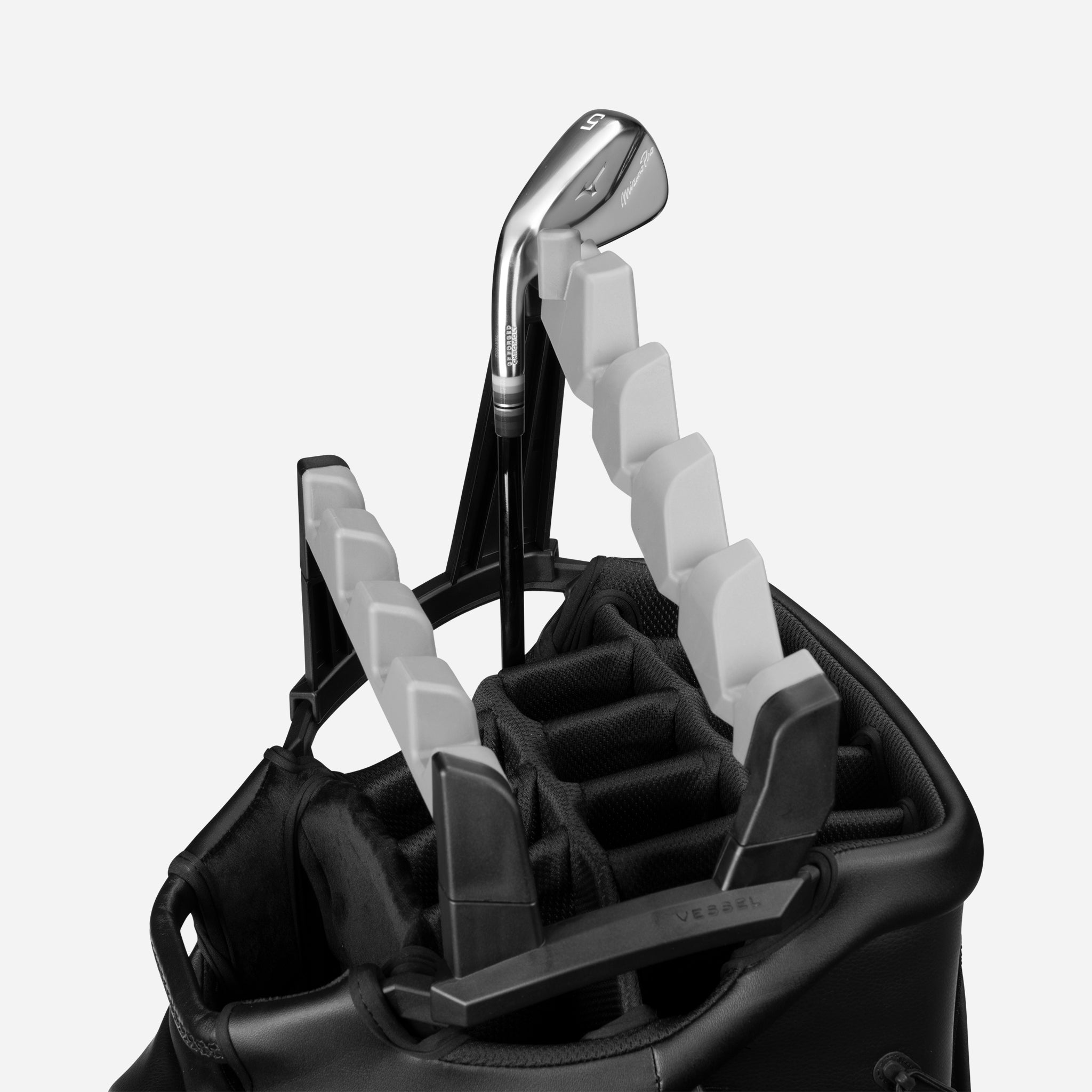Close up of golf club in Cart bag golf club organizer on a white background #hand_left