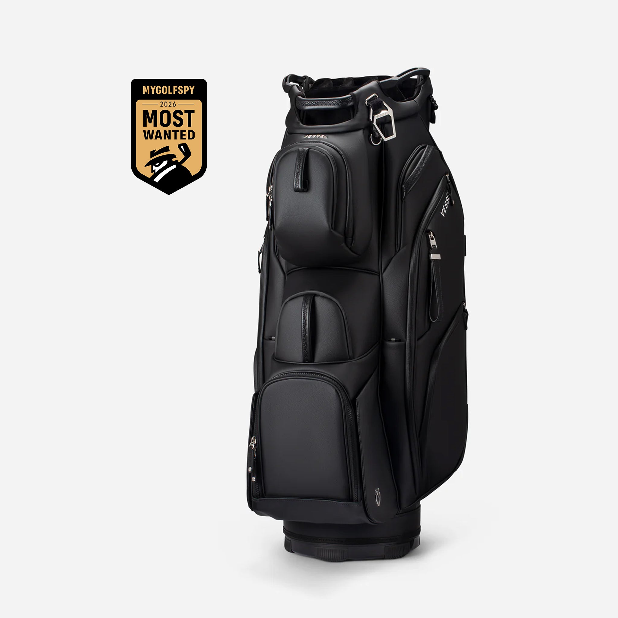 Black golf bag on a light gray background