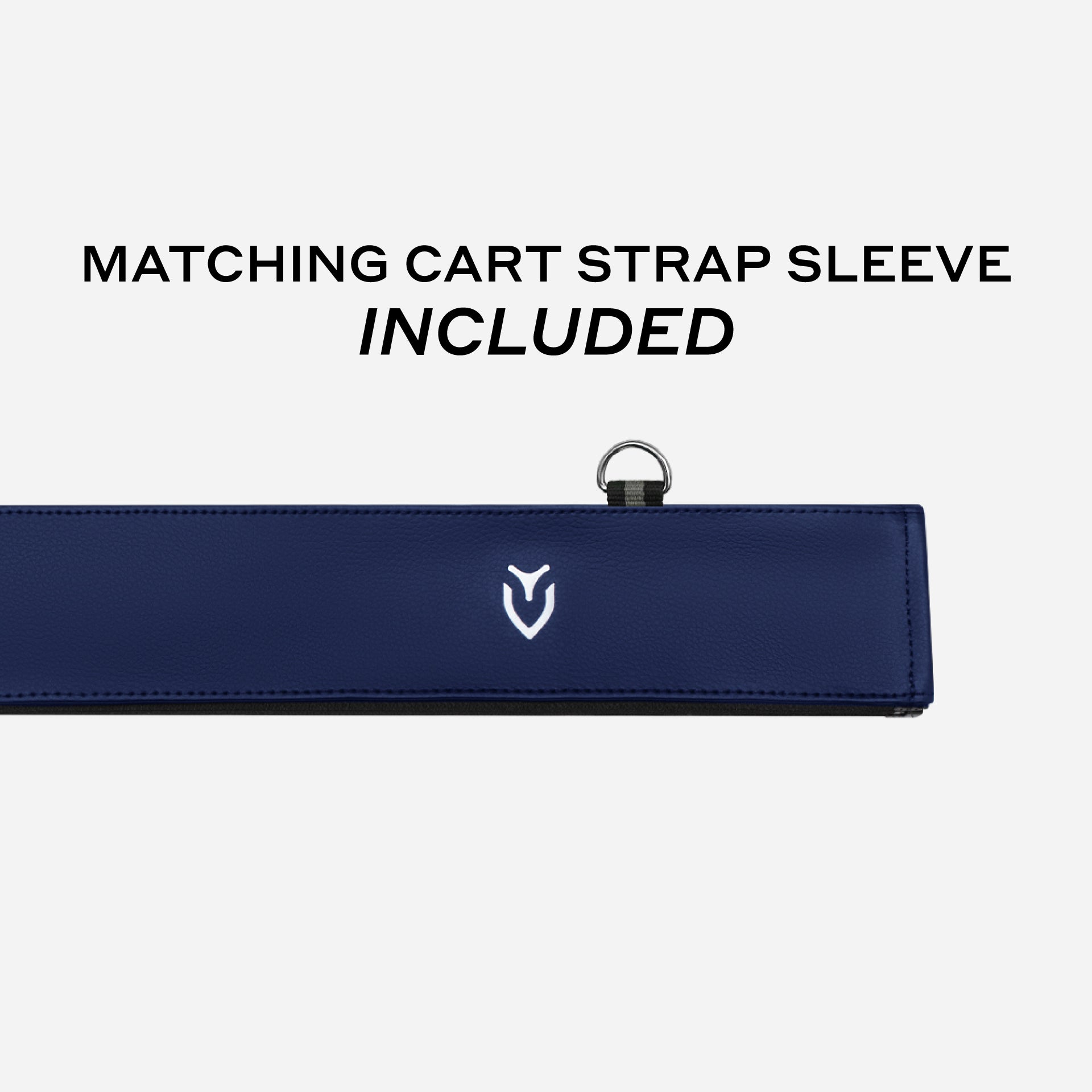 graphic indicating that matching navy cart strap sleeve is included for Navy Lux Pro Cart II