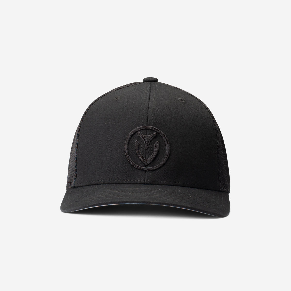 Front view of black trucker hat on a white background #color_black