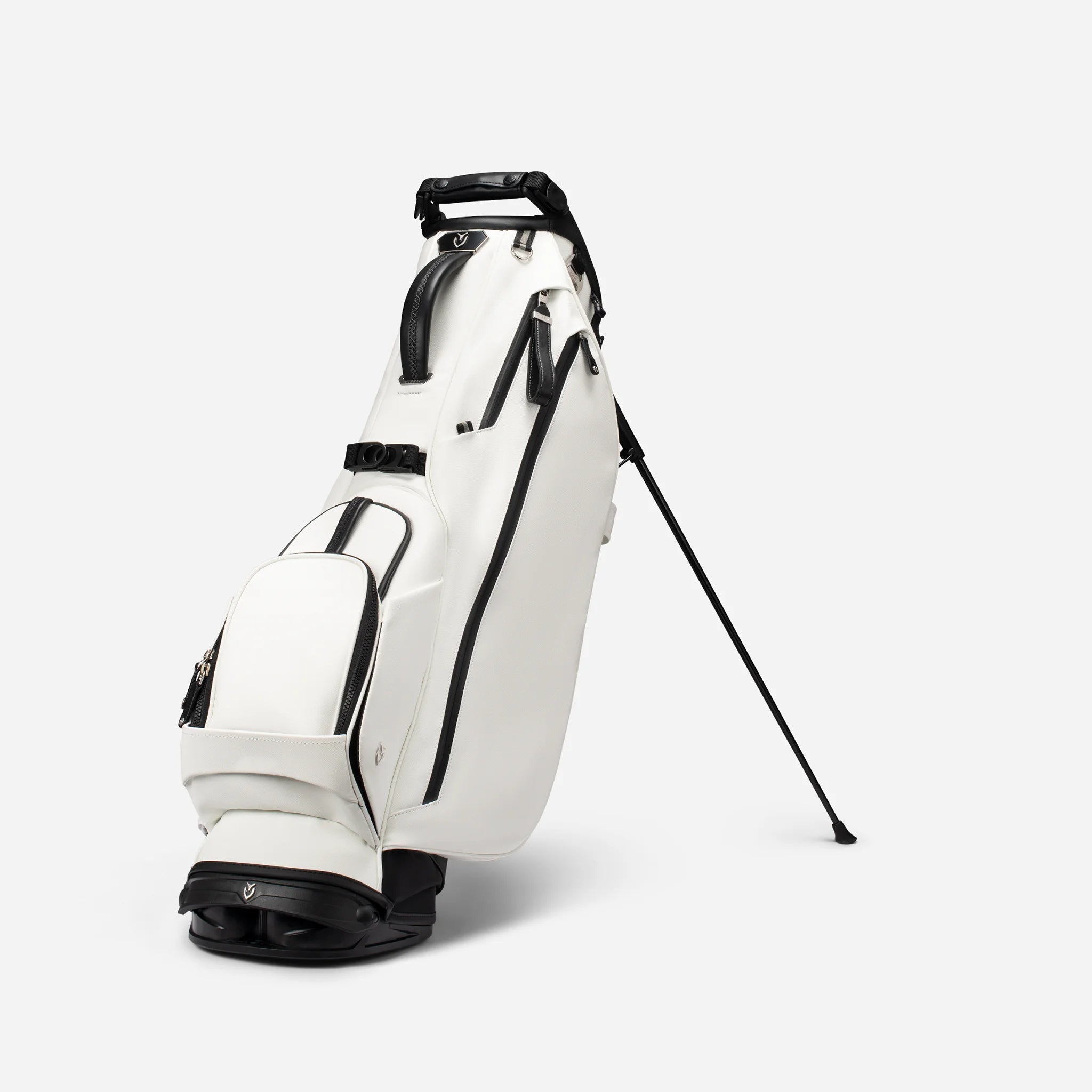 Custom white lux stand bag against a white background