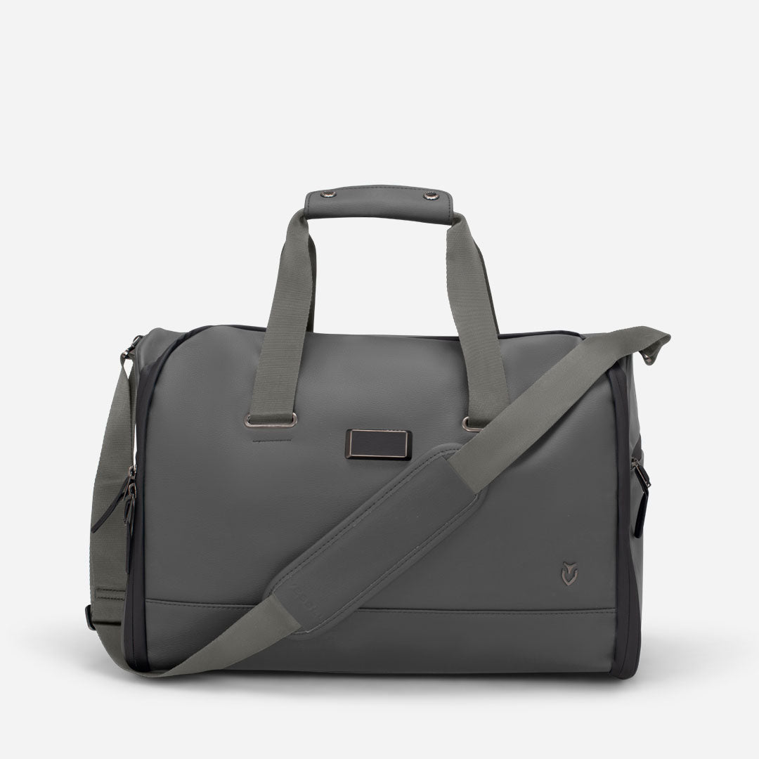 Grey Signature Weekender with strap attached #color_pebbled grey
