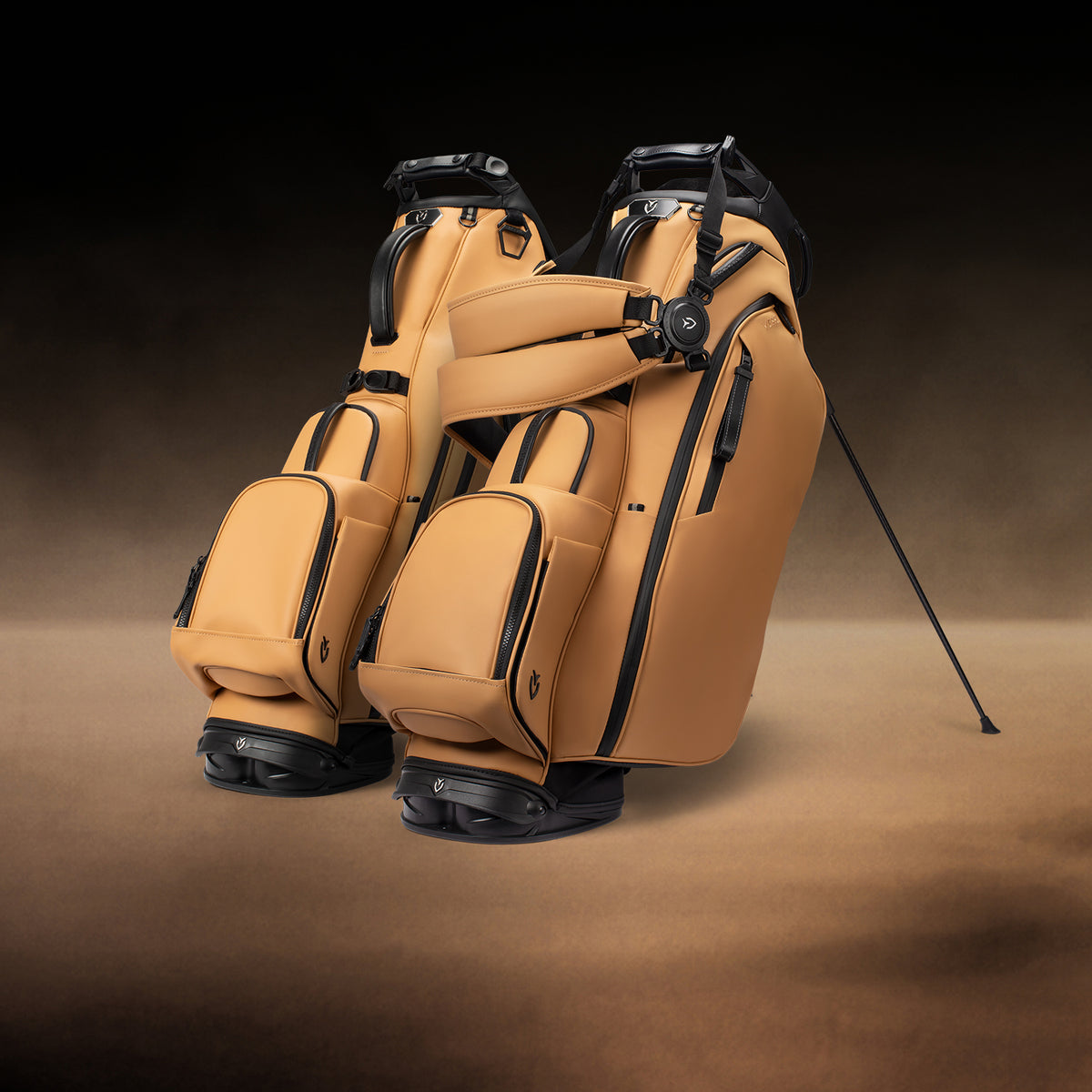 Two Iron Brew Player series golf bags on a tan gradient