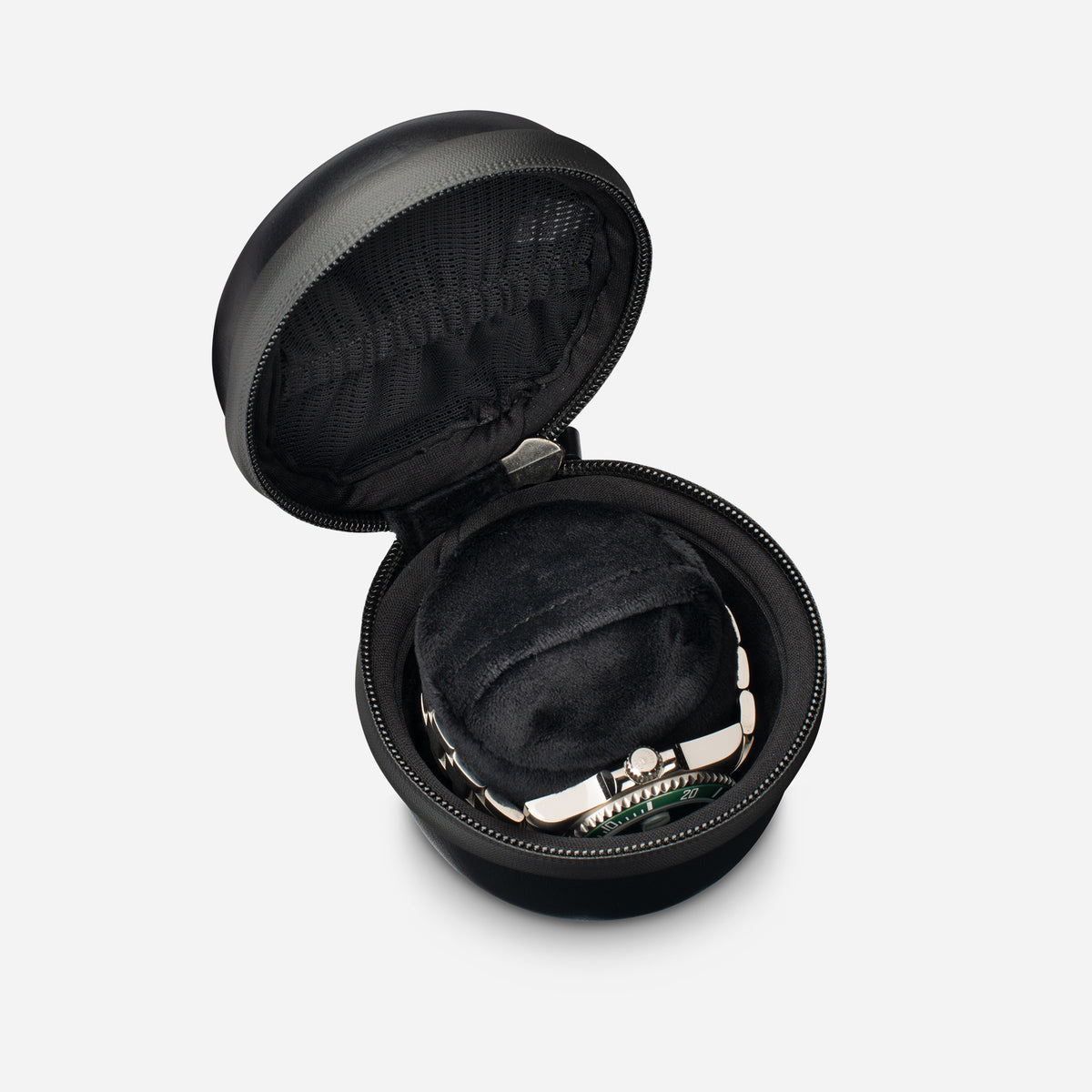 Leather Travel Watch Case opened with a luxury watch inside