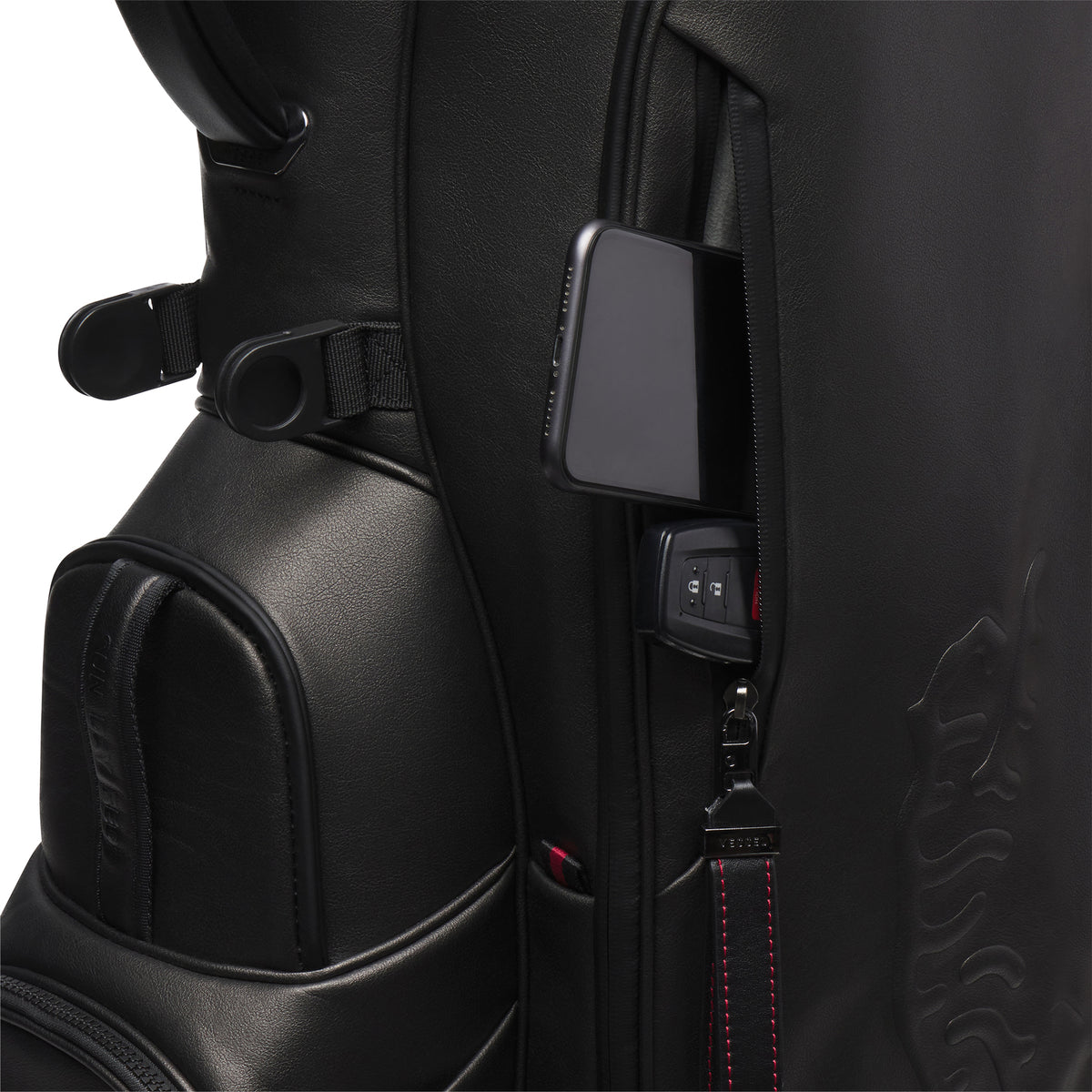 Phone and keys inside of personals pocket on vessel x sdr venom player v golf bag