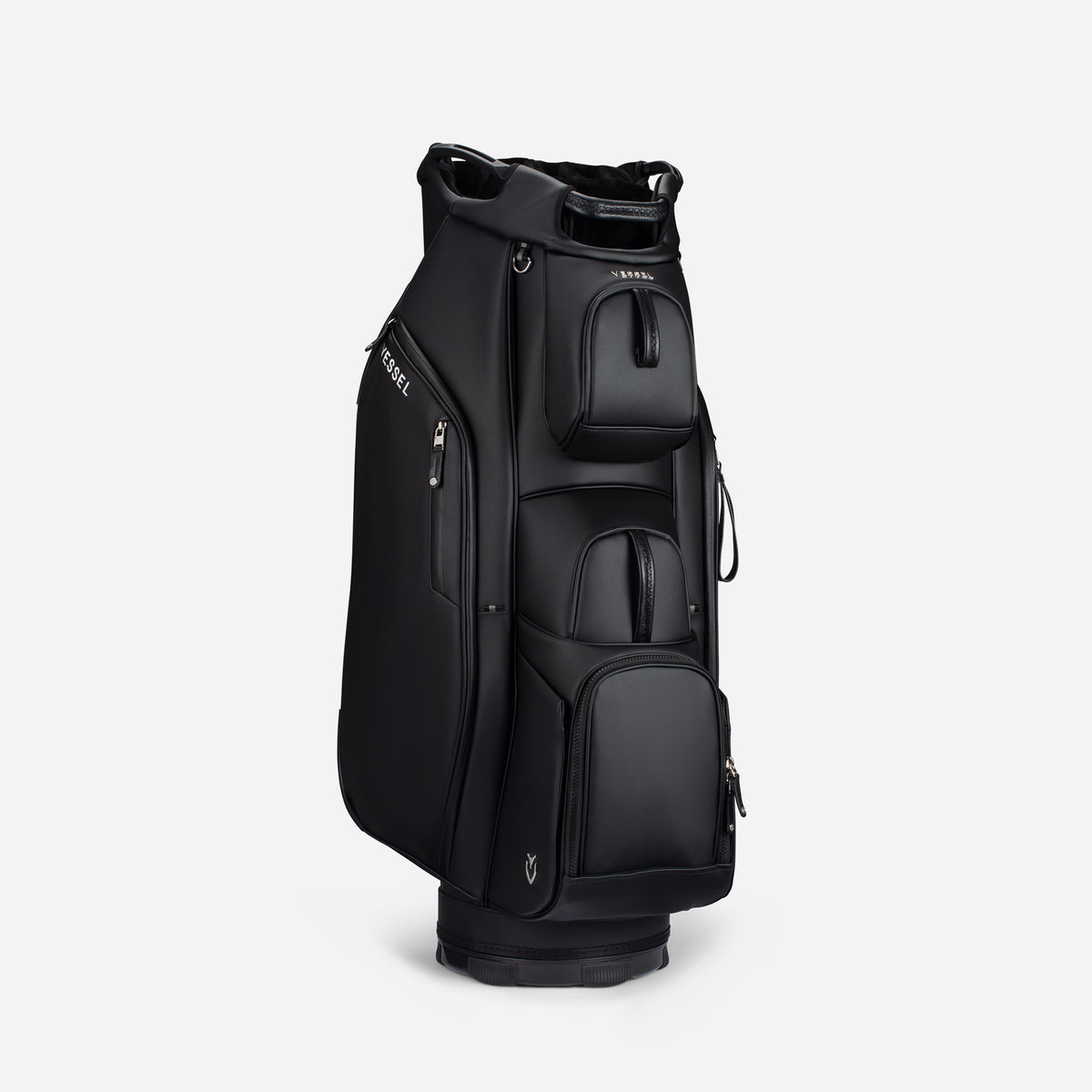 Black golf cart bag with multiple compartments on a light gray background
