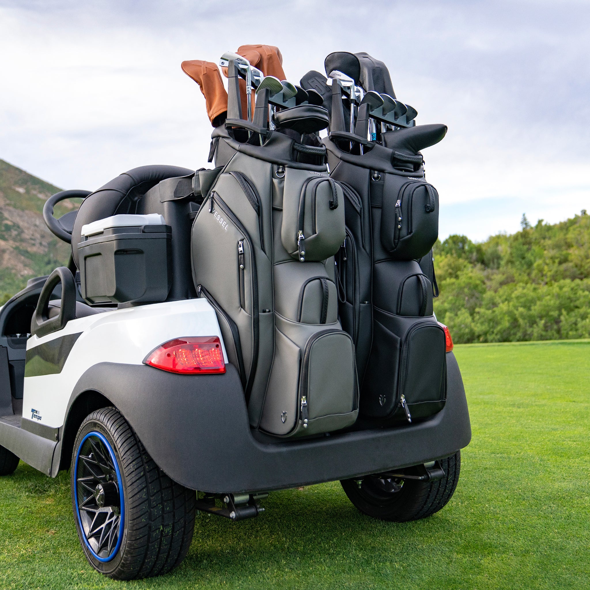 Golf cart with one grey, one black Lux Pro Cart II bags on a golf course