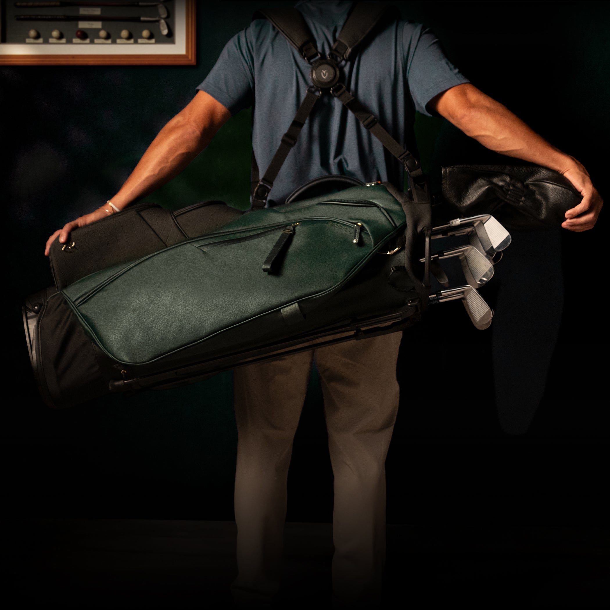 Man wearing Player V Pro LE Emerald Stand with double strap option