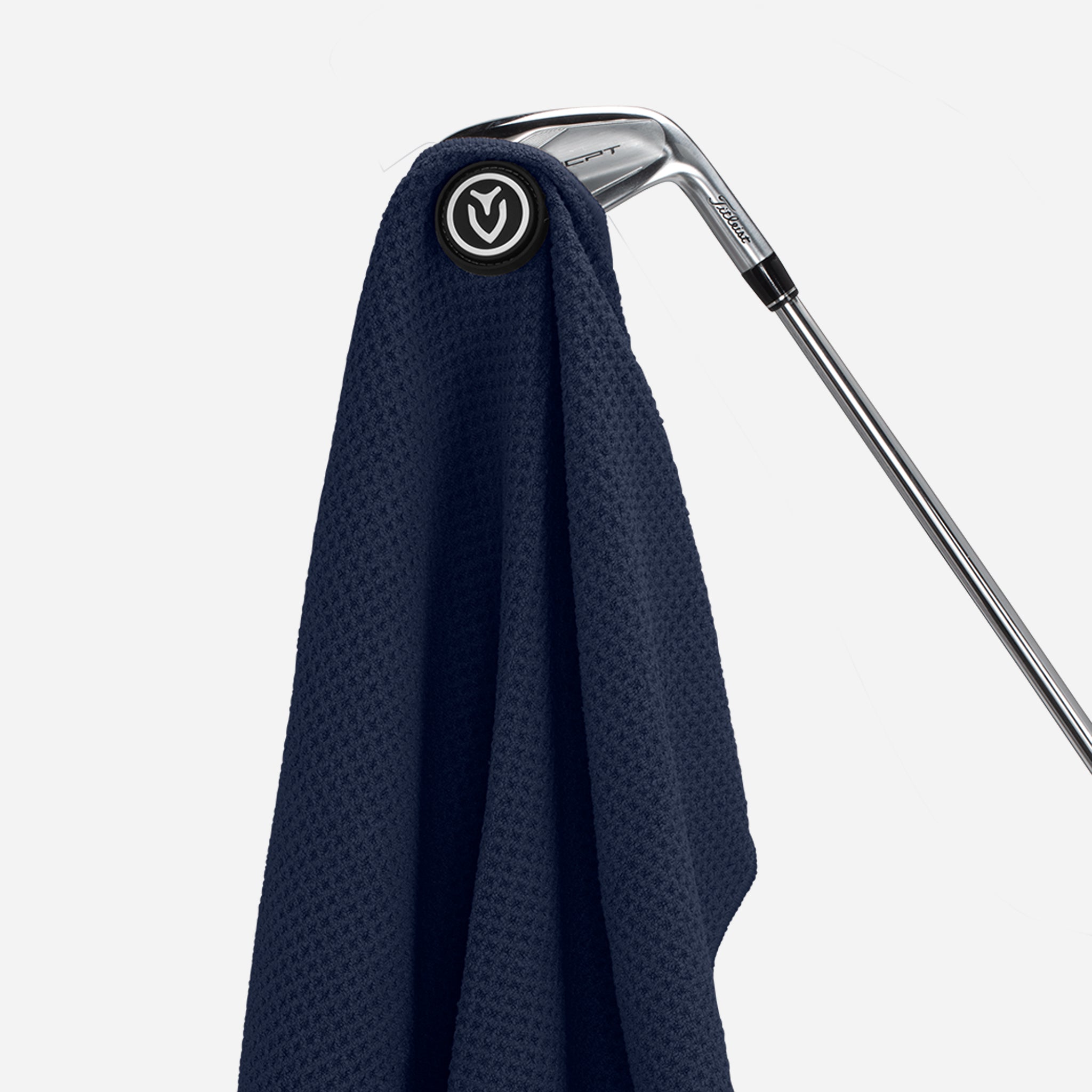 Golf club head on a navy blue towel with a white background #size_20" x 20"