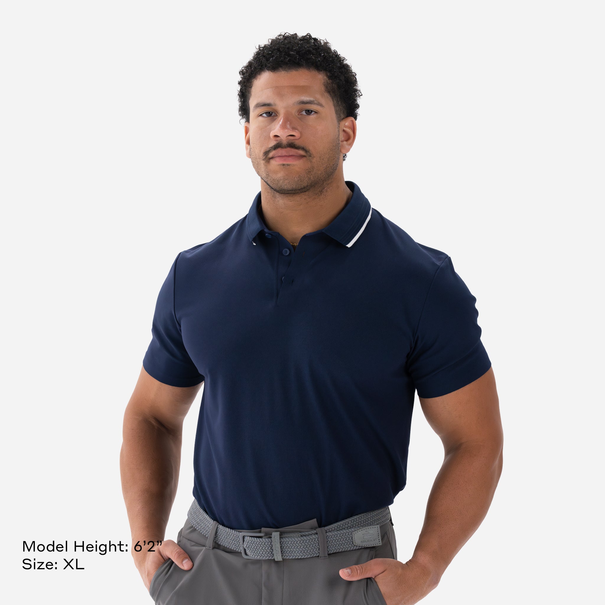 Model is 6'2" wearing size XL Performance Piqué Polo Navy
