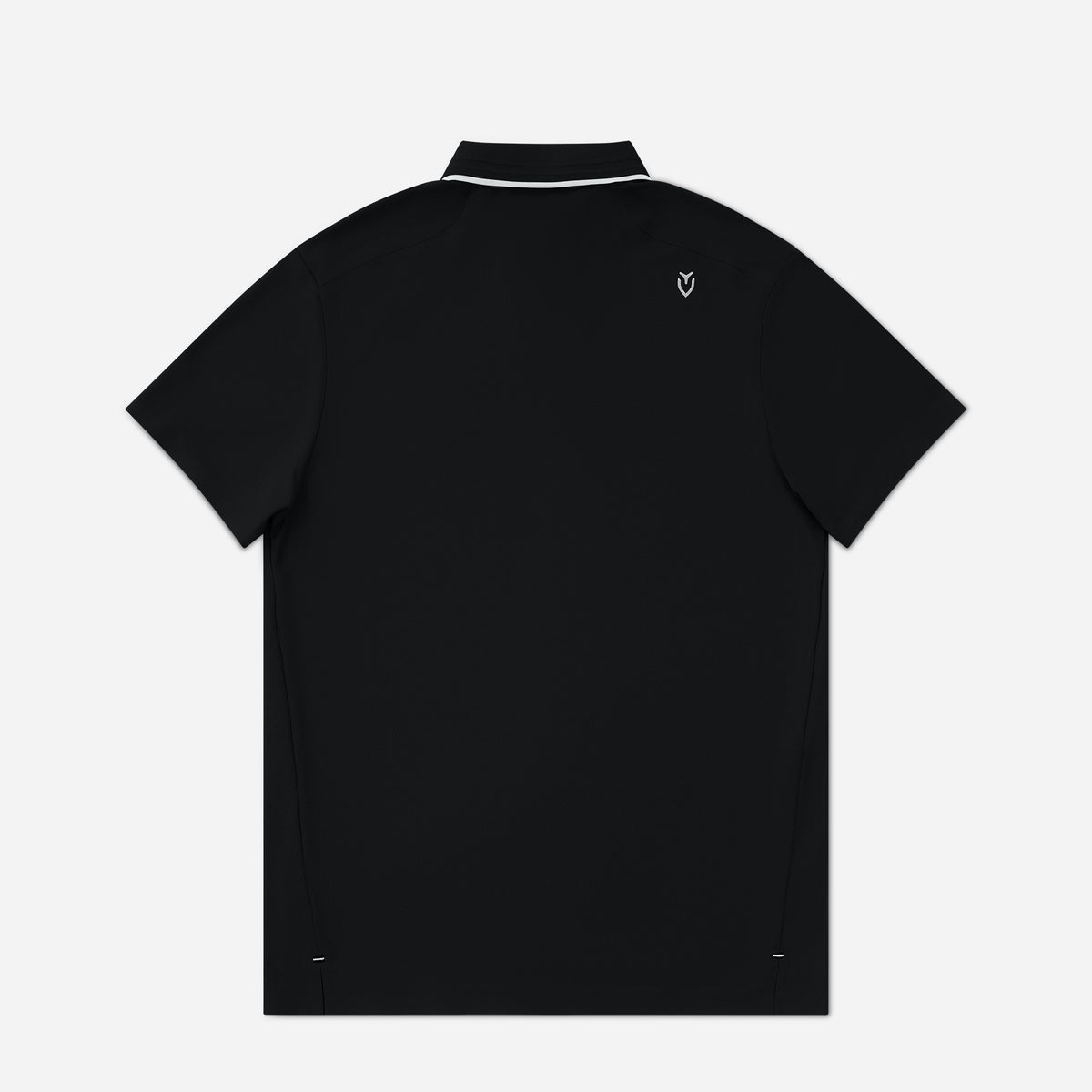 Black polo shirt with a small logo on the chest against a white background