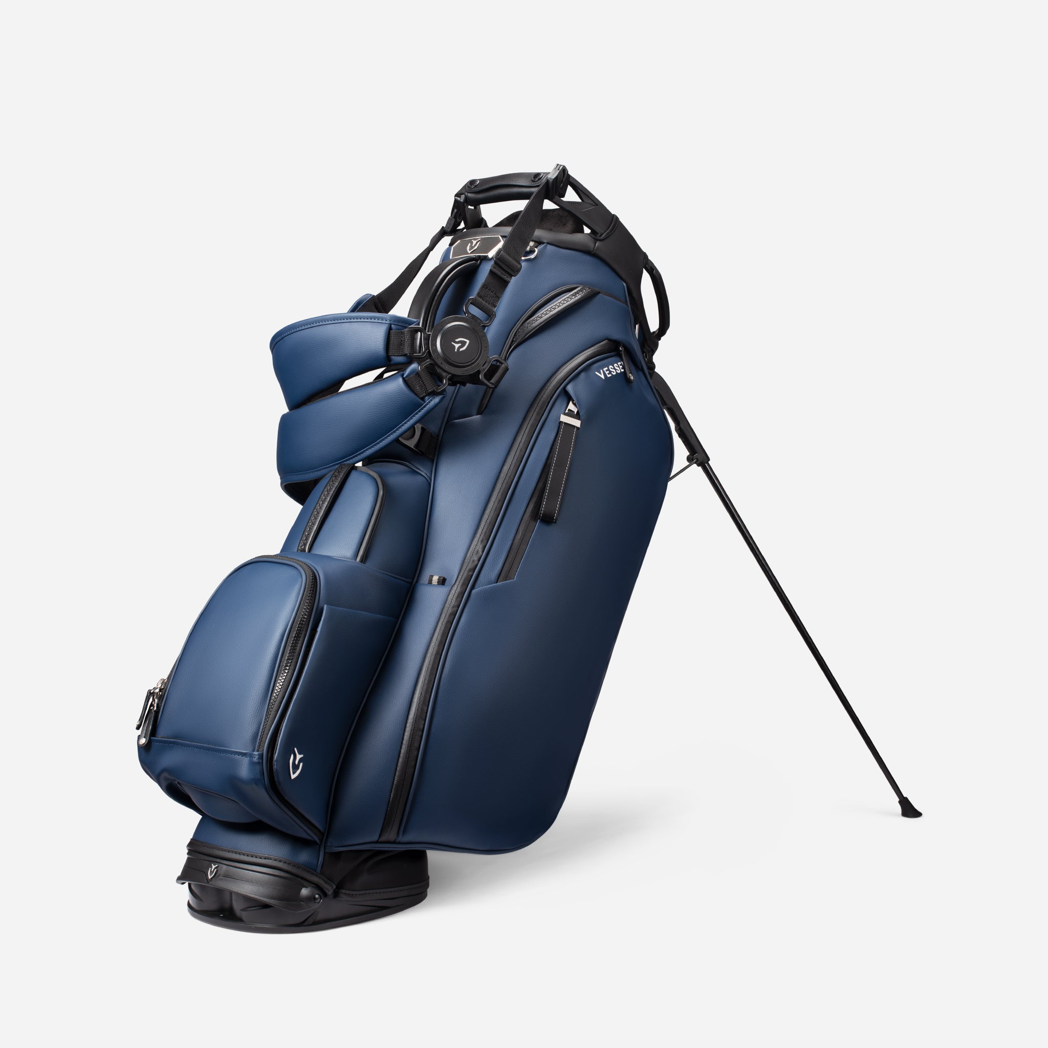Navy Player V Pro Stand with double strap attached
