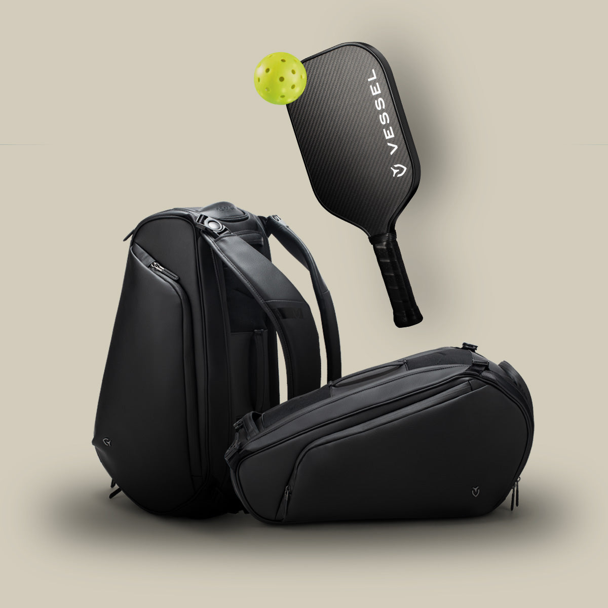 Pickleball Paddle Bag and Carbon Pro Pickleball Paddle on a taupe background.