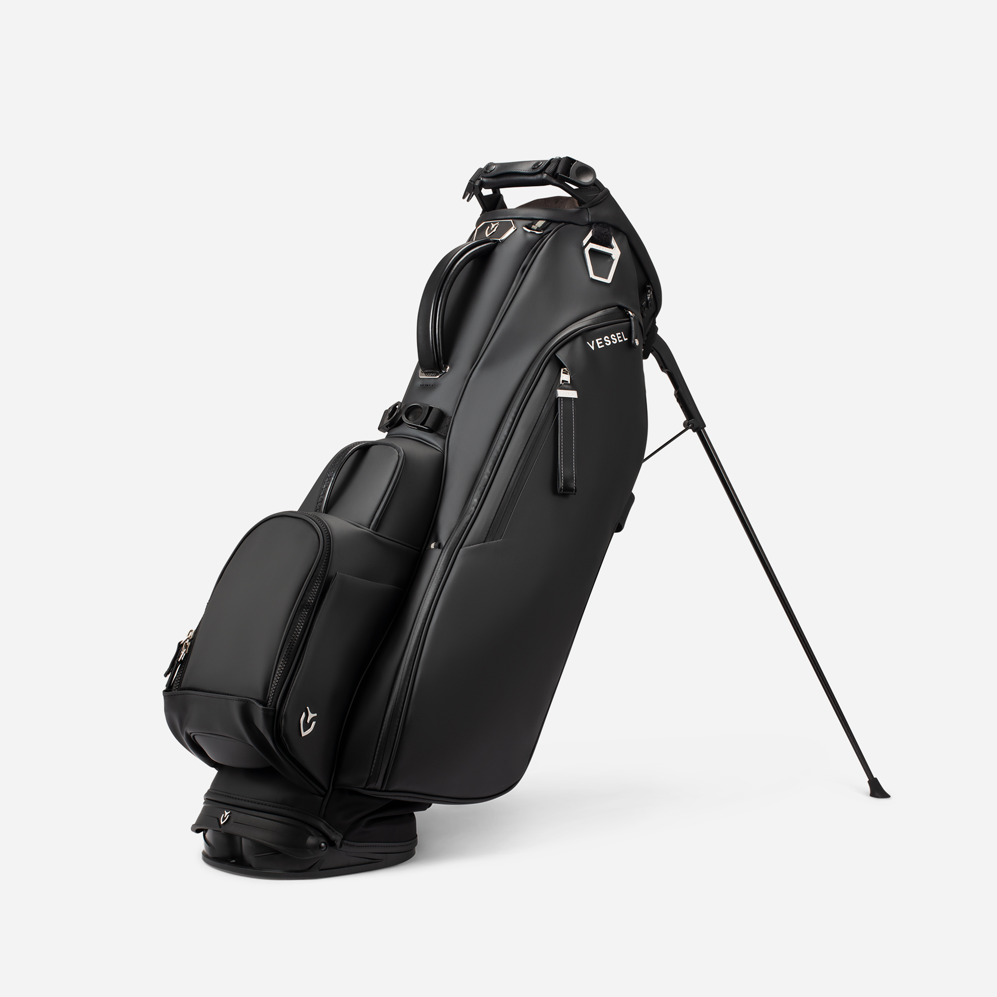 Black Player V golf bag with a stand on a white background
