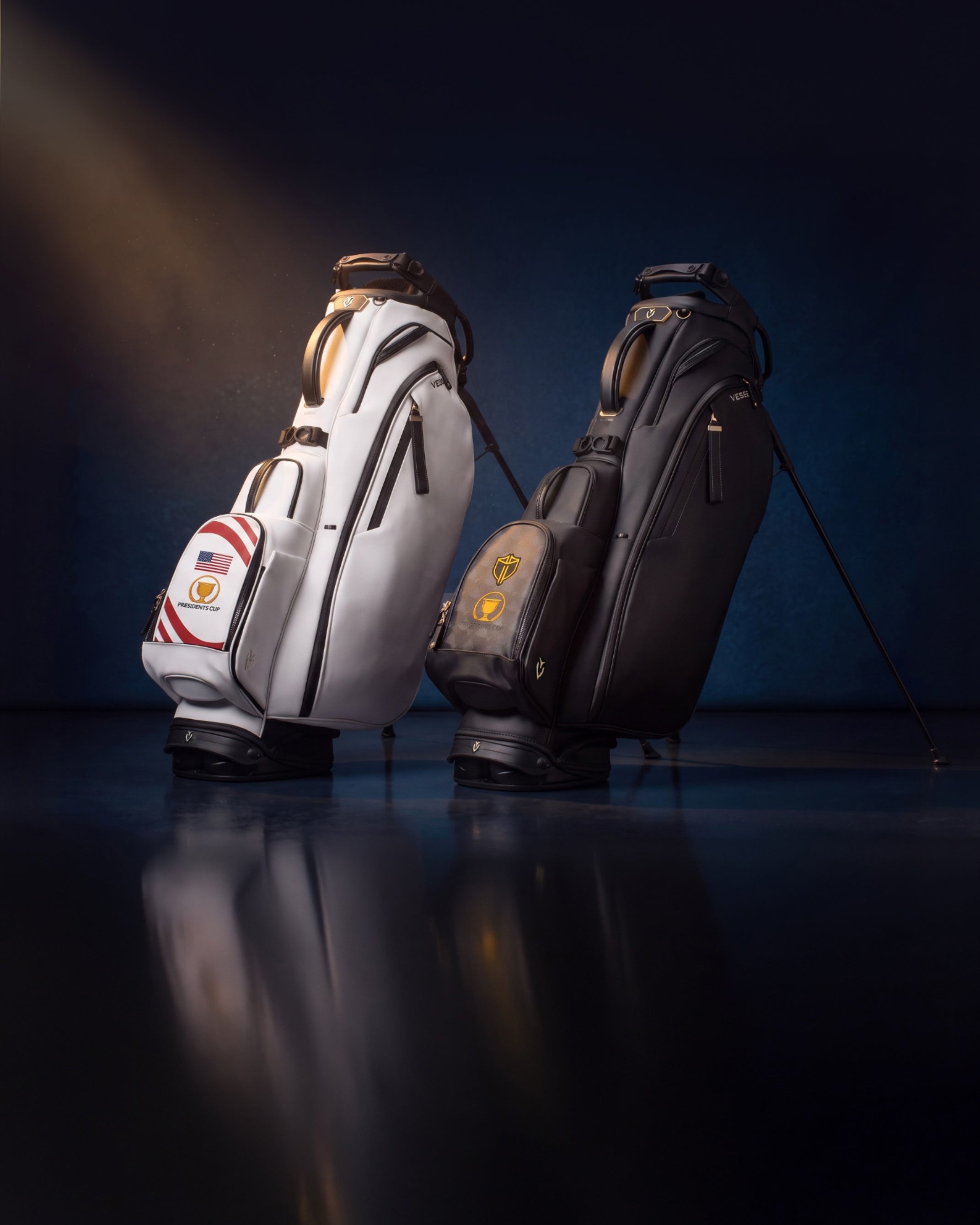 presidents cup 2026 leather golf bags on a blue background