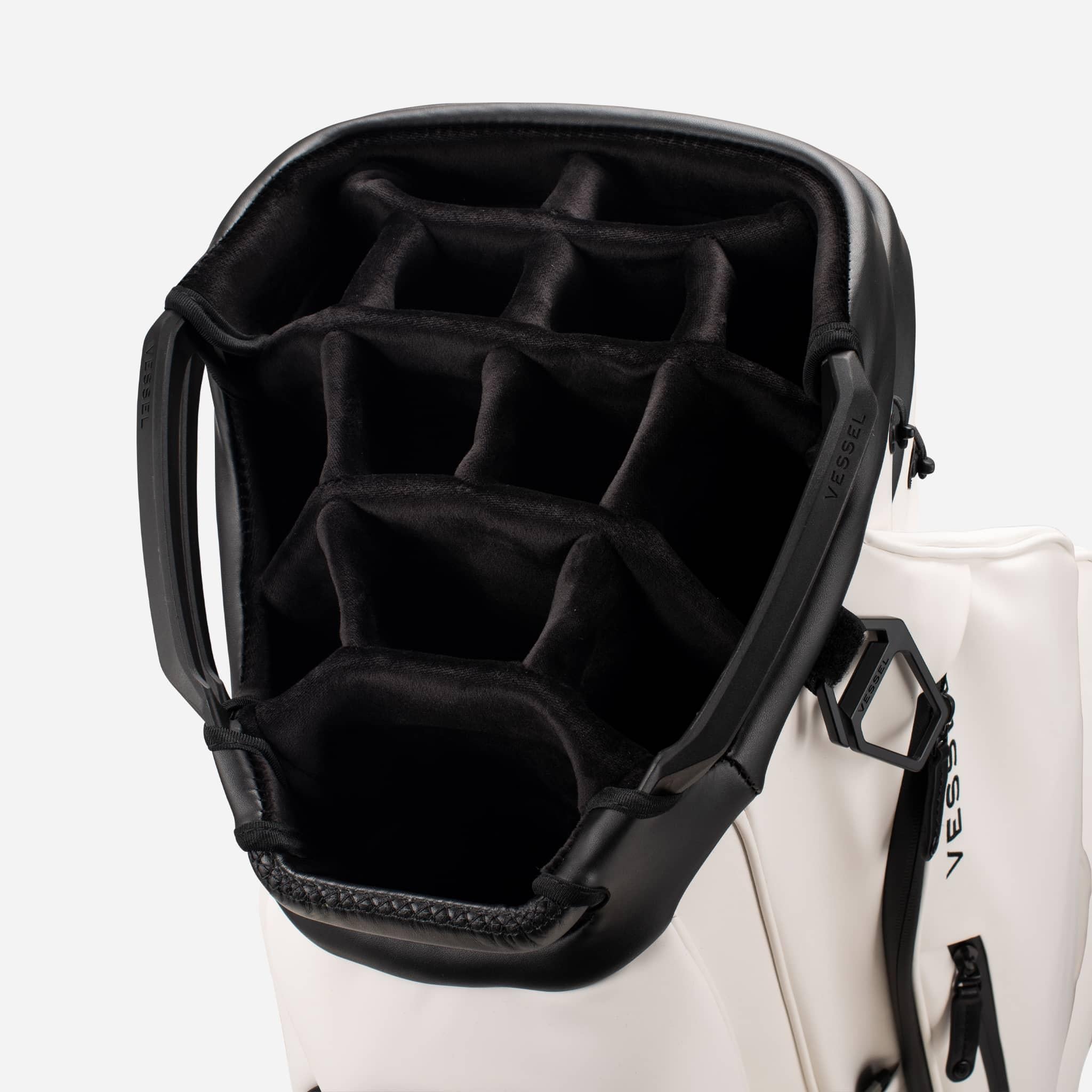 Top view of White leather golf cart bag and the 14 way divider #color_white