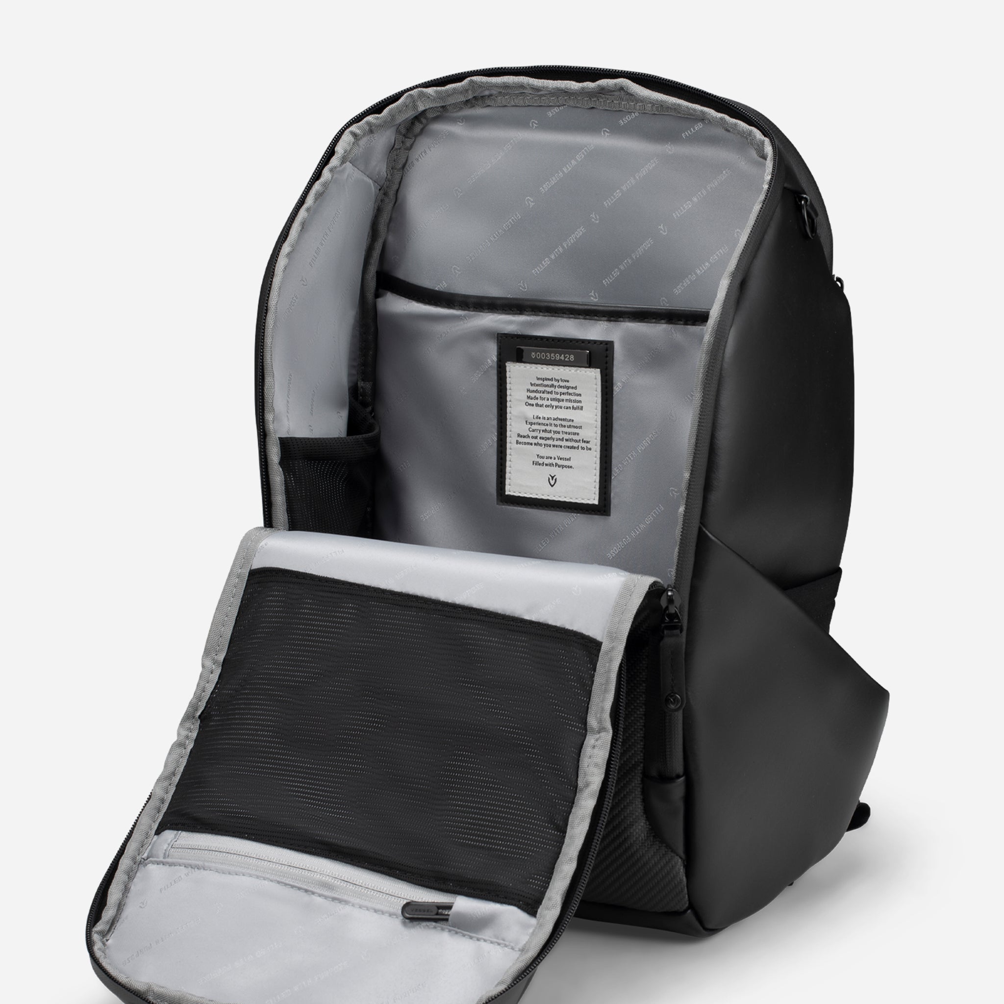 Main compartment of PrimeX Carbon Black Backpack opened