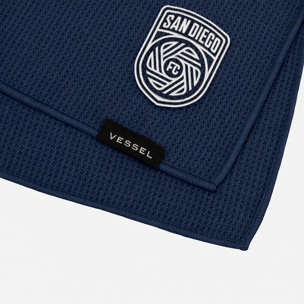 Navy blue towel with 'San Diego' and 'Vessel' branding on a white background #size_20" x 20"