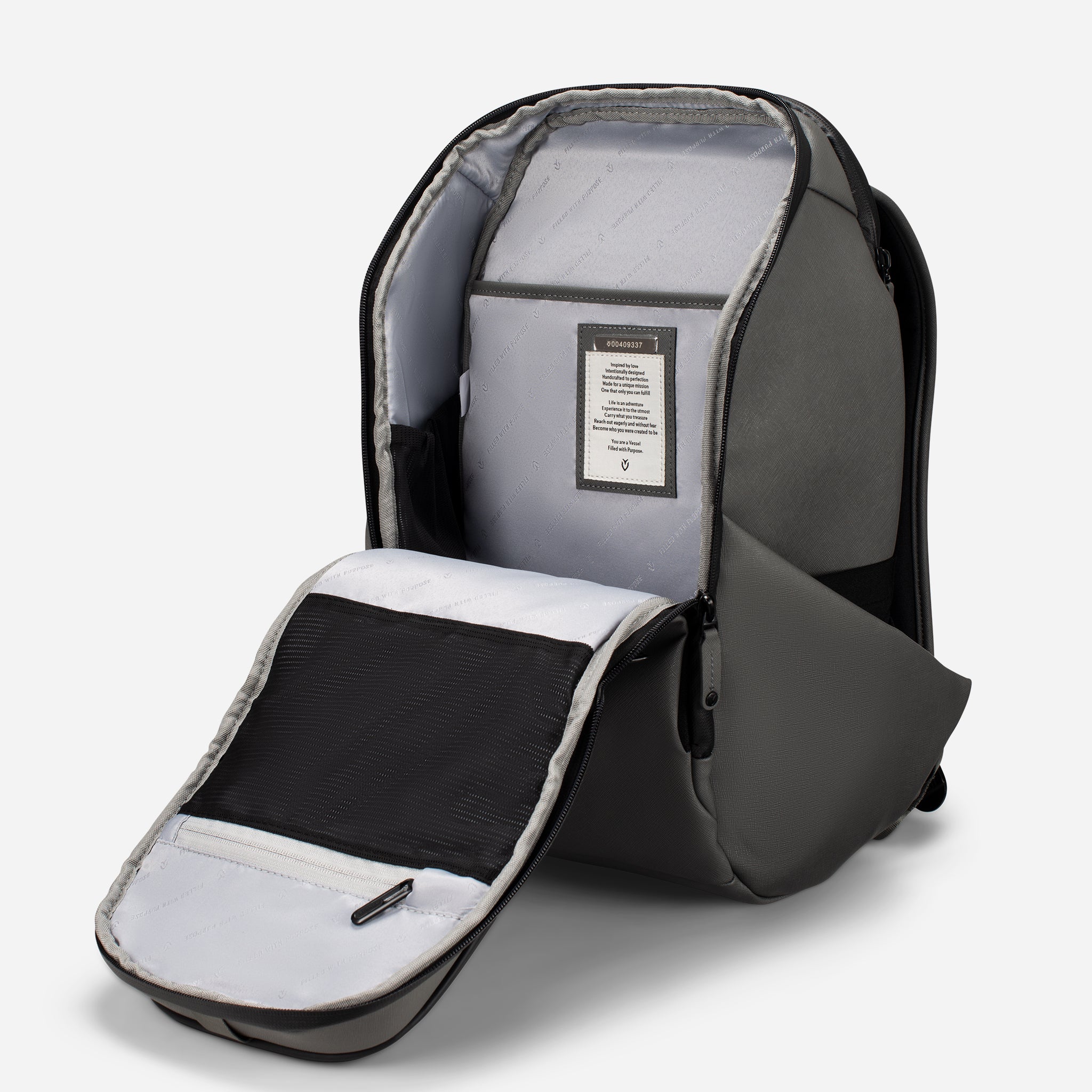 Main compartment of Crosshatch grey PrimeX Backpack opened #color_crosshatch grey