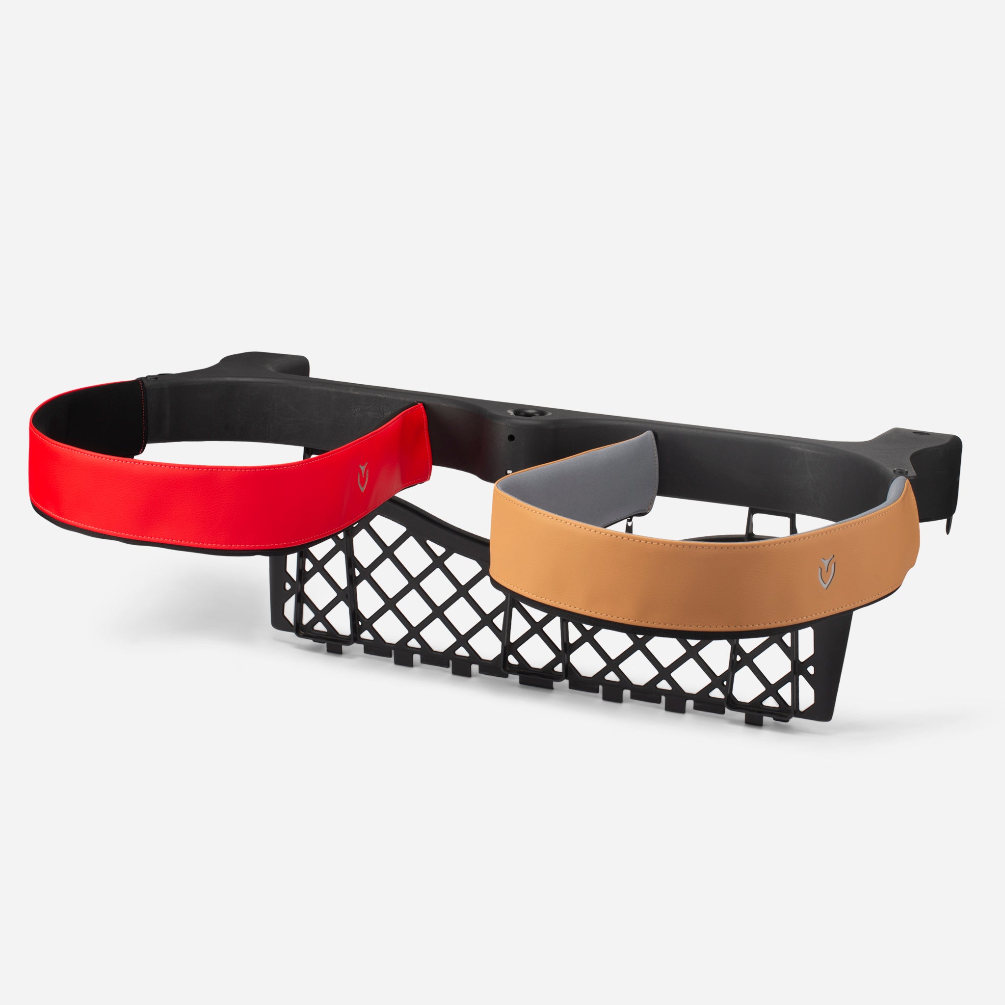 Two cart strap sleeves, one red, one mocha, being shown in use #color_pebbled mocha