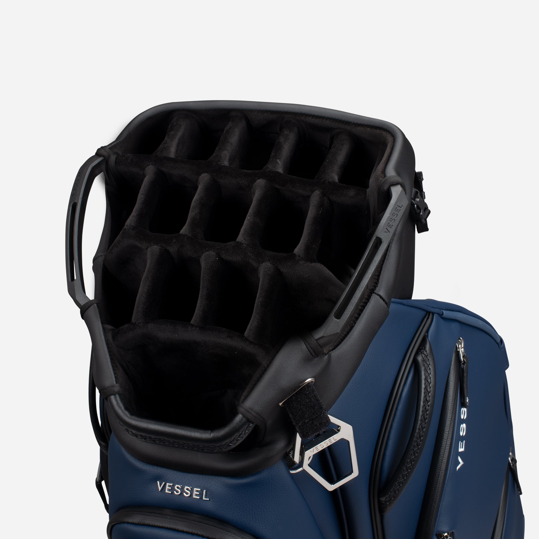 Top view of a Navy Lux Pro Cart Series II with a 15-way club divider for organized club storage #size_15-way