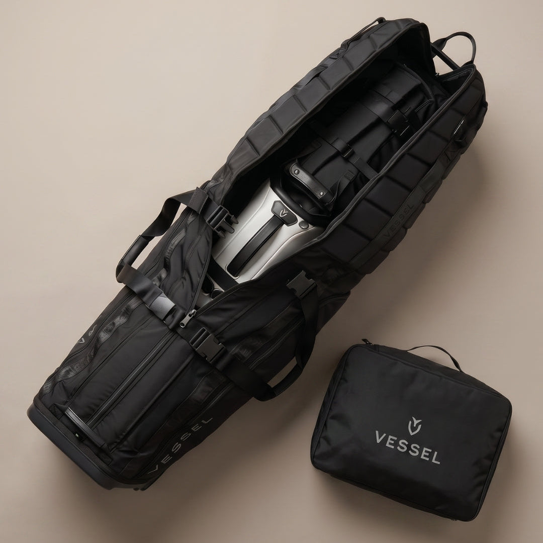 Golf travel case pro on a taupe background