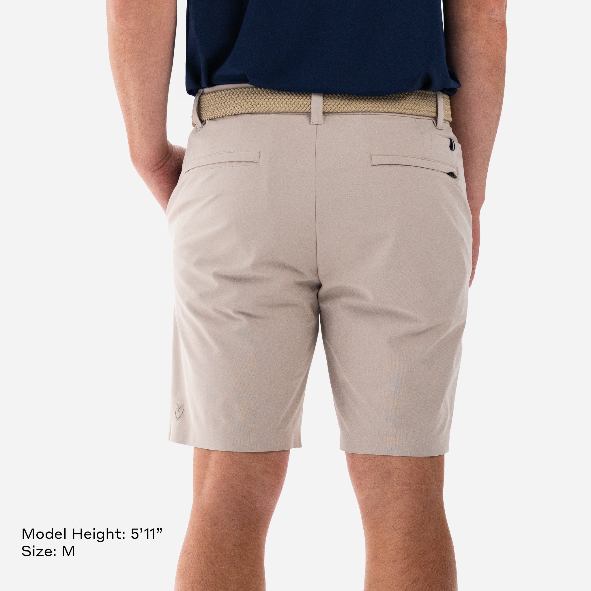 Model Height 5'11" Size M Taupe 5 pocket short backside