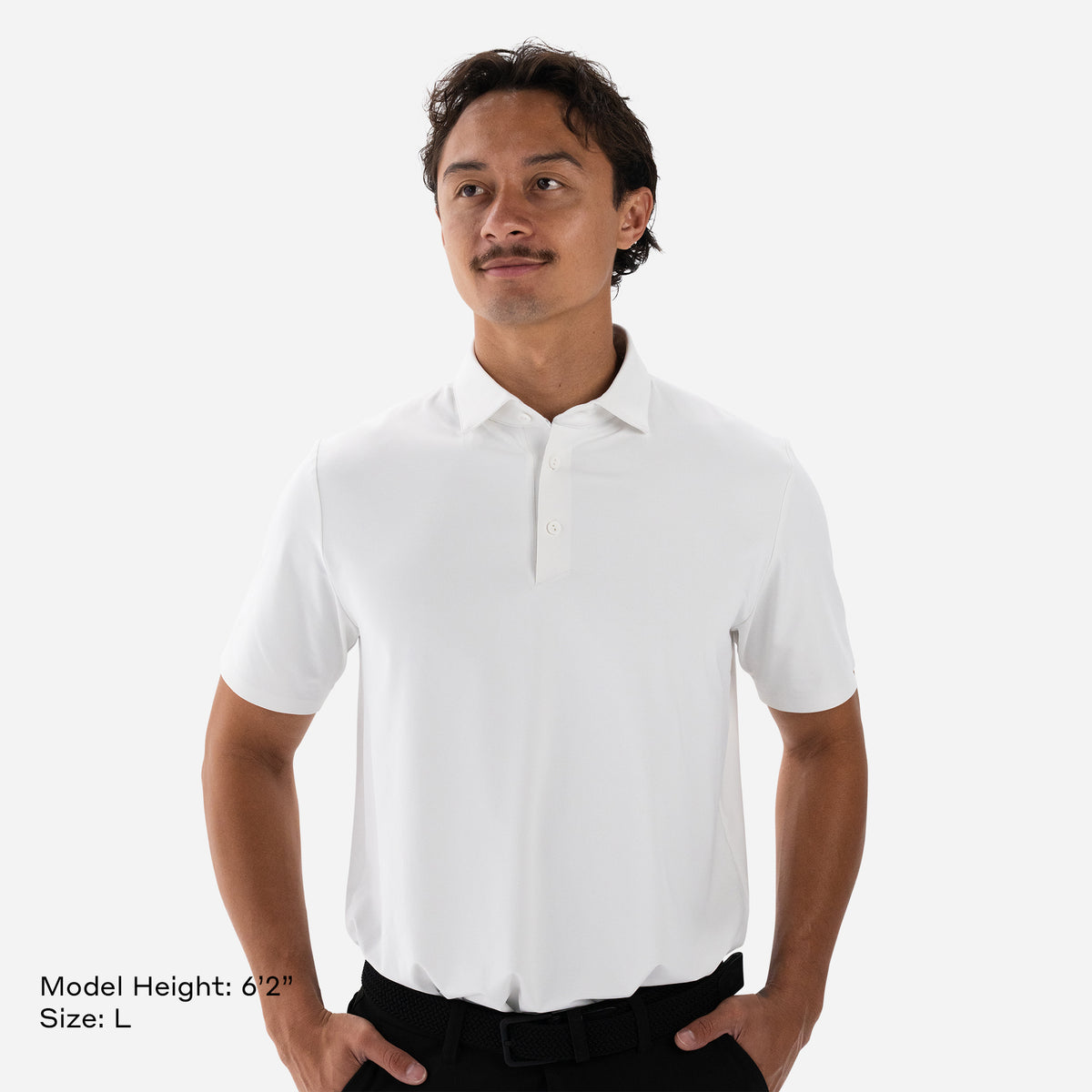 Model is 6'2" wearing size L Performance Tech Polo White