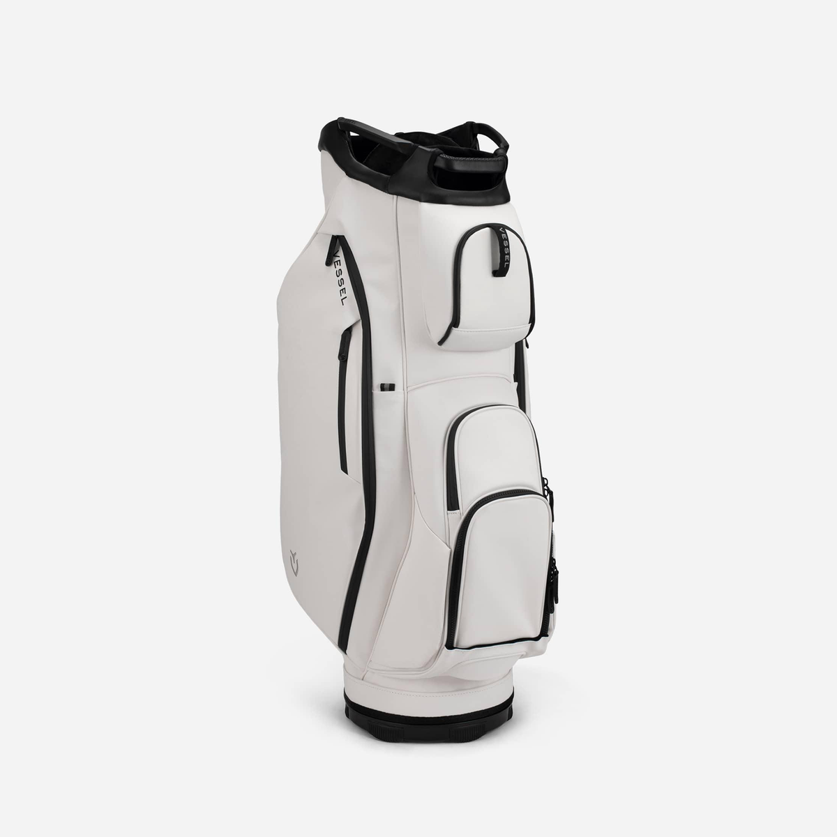 White leather golf cart bag standing against a white background turned to the right #color_white