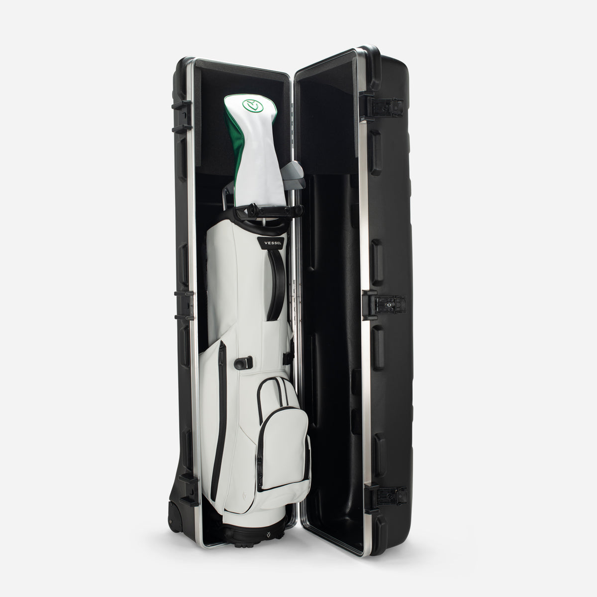 Golf Travel Hard Case standing open with a white golf stand bag and headcovers inside