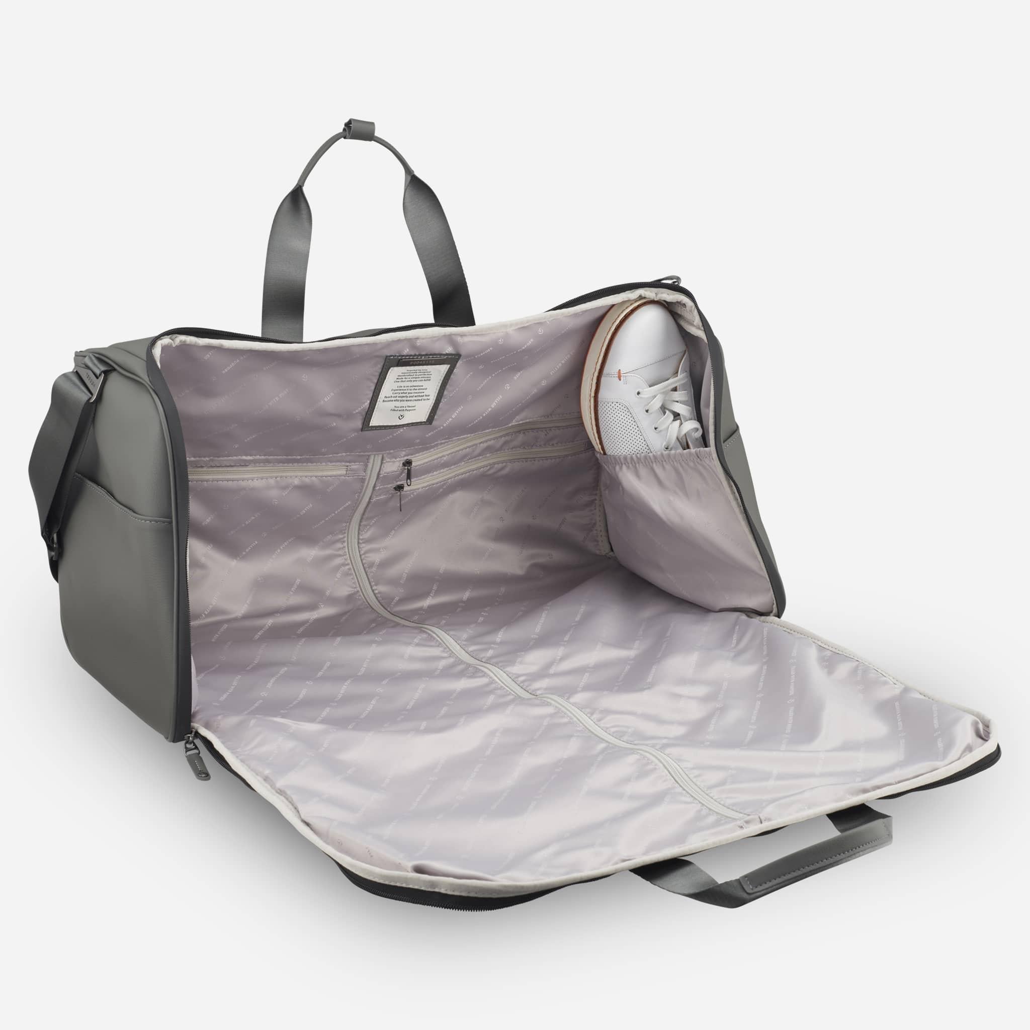 Grey Signature Garment Duffel opened with shoe inside #color_pebbled grey