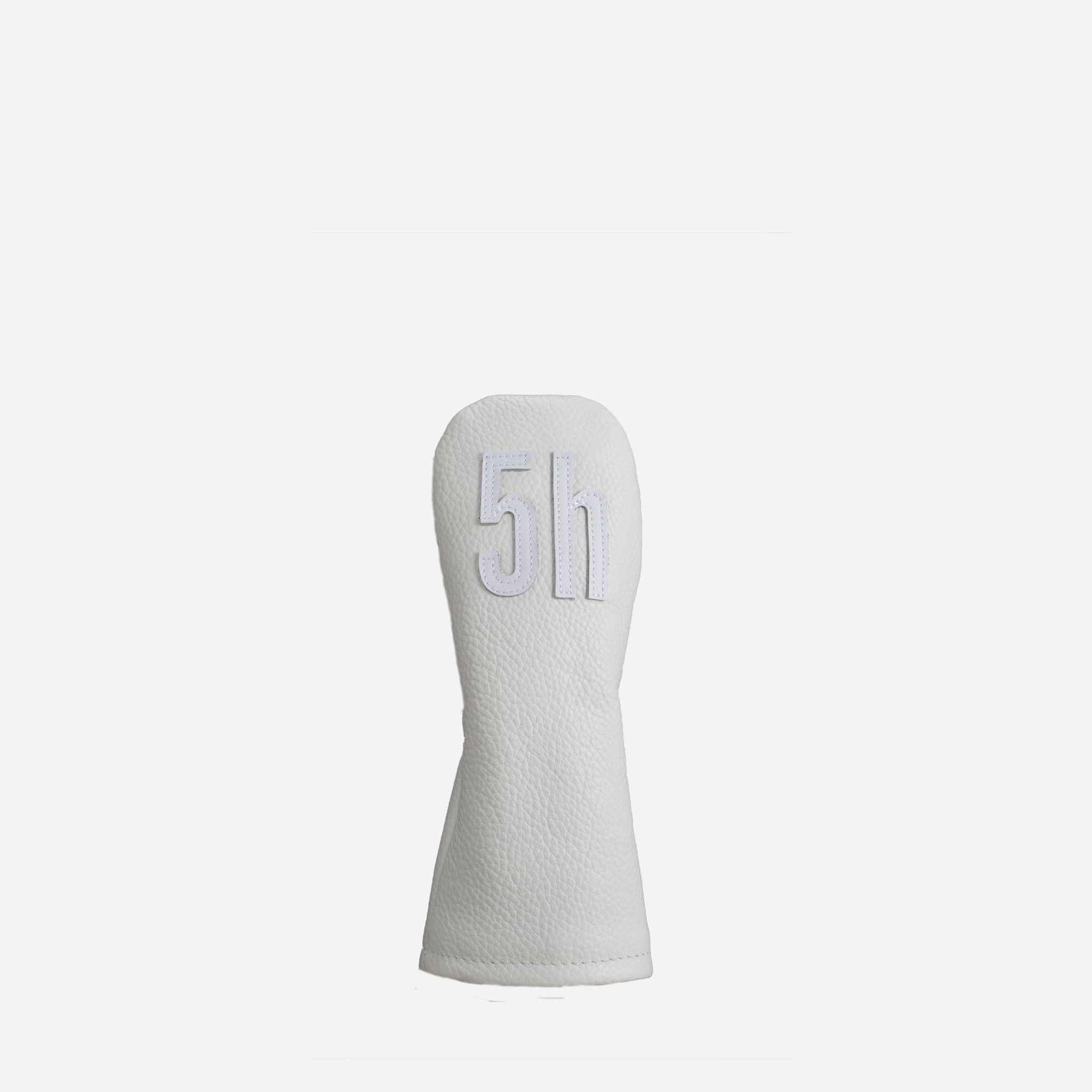 front view of white pebbled leather headcover - 5 hybrid #color_white