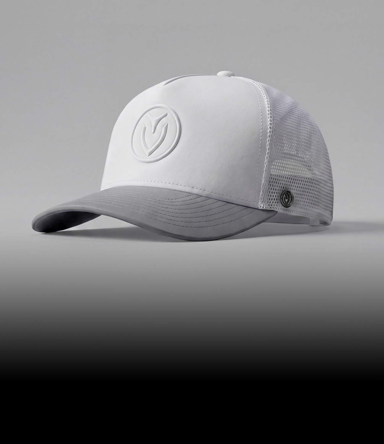 White and grey tour performance mesh hat on a grey gradient background