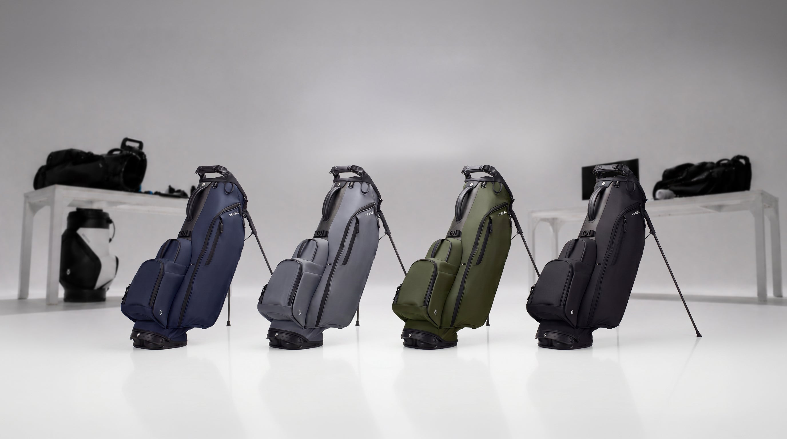 Four player air carbon lightweight golf bag in a laboratory