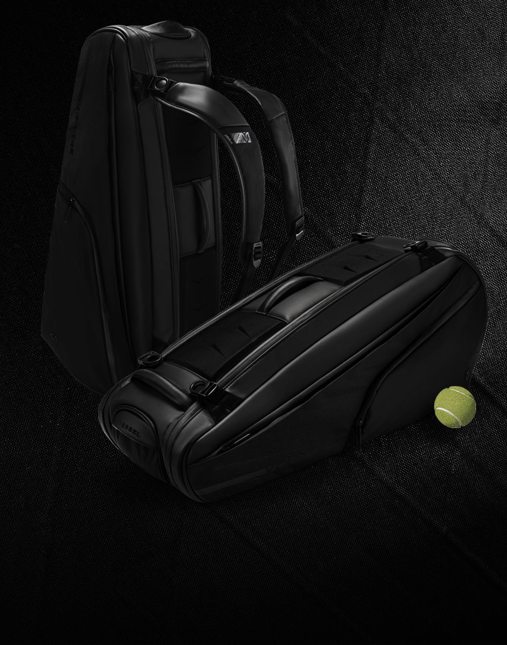 Graphic of two tennis racquet bags and a tennis ball