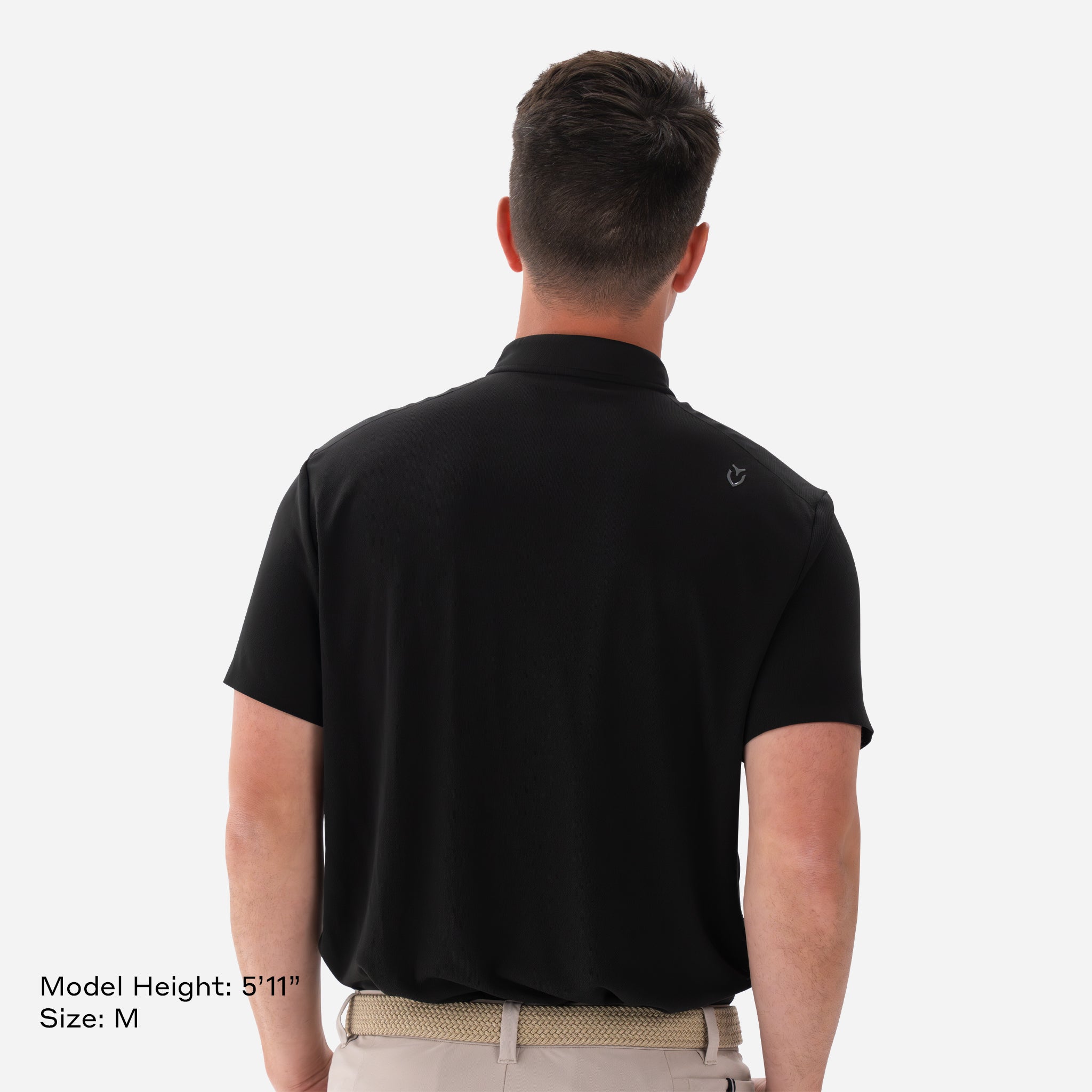 Model is 5'11" and wearing size M Performance Blade Collar Polo Black backside