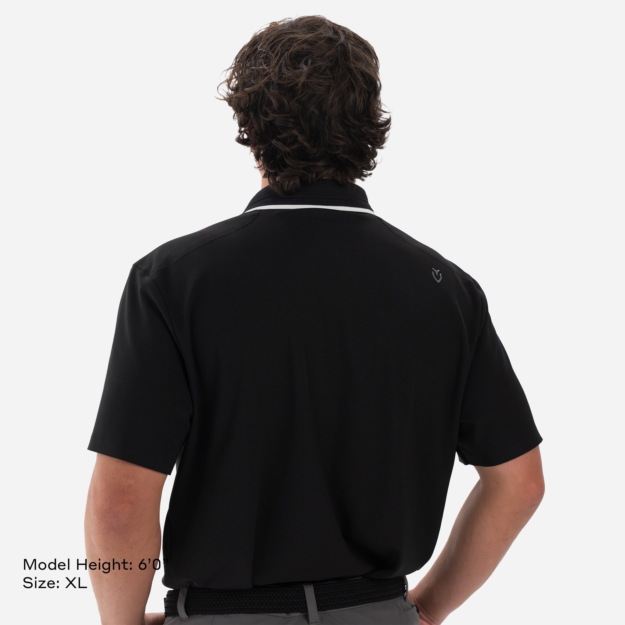 Model is 6'0" wearing size XL Performance Piqué Polo Black backside