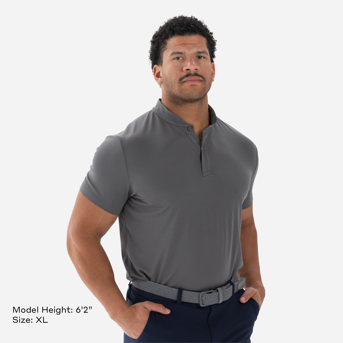 Model is 6'2" and wearing size XL Performance Blade Collar Polo Grey