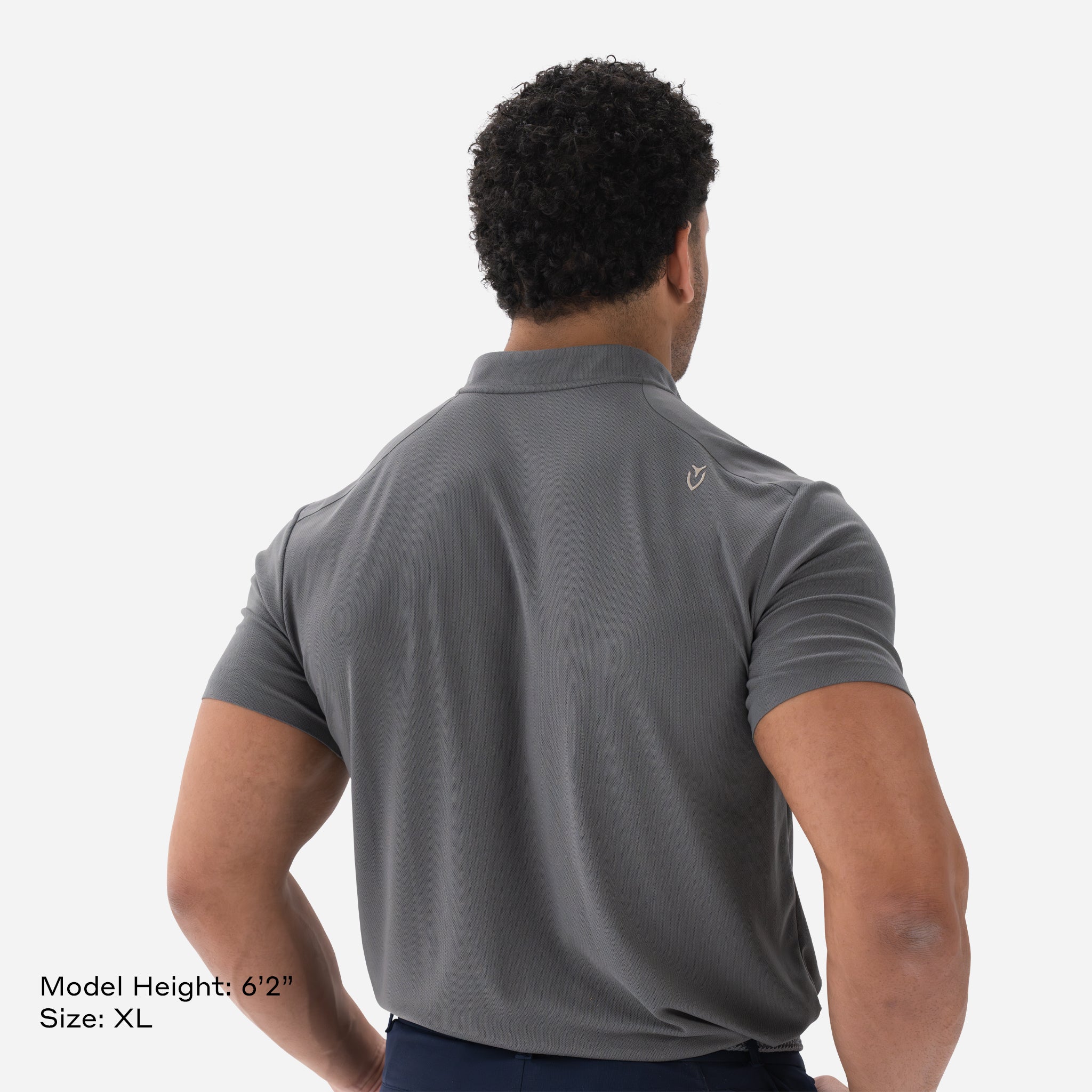 Model is 6'2" and wearing size XL Performance Blade Collar Polo Grey backside