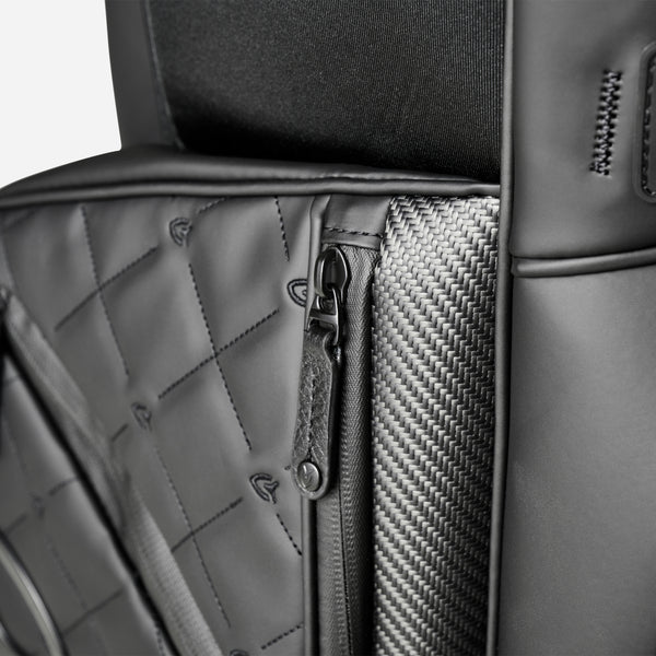 Close up of quilted pocked on black carbon fiber golf bag